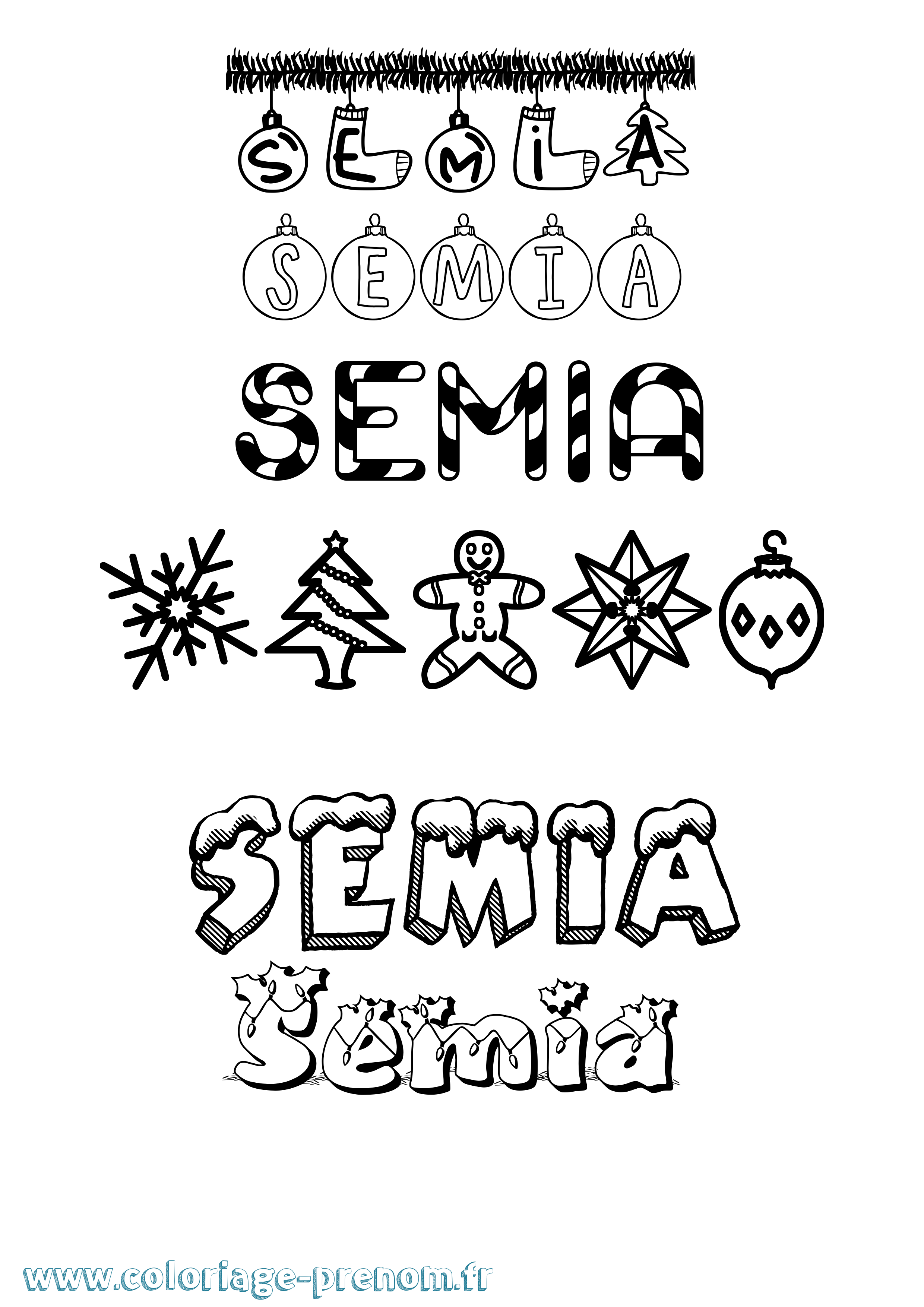 Coloriage prénom Semia Noël