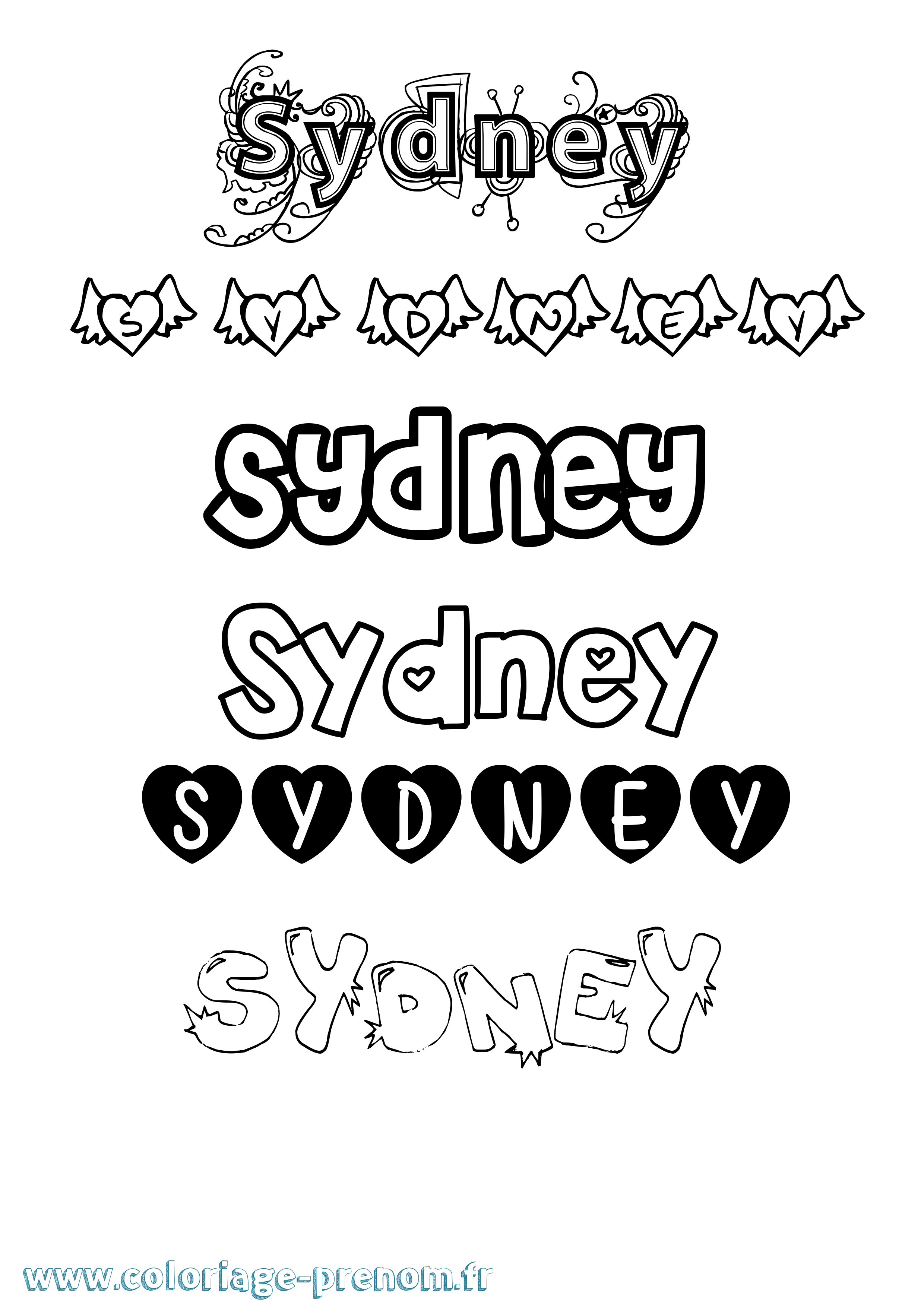 Coloriage prénom Sydney Girly