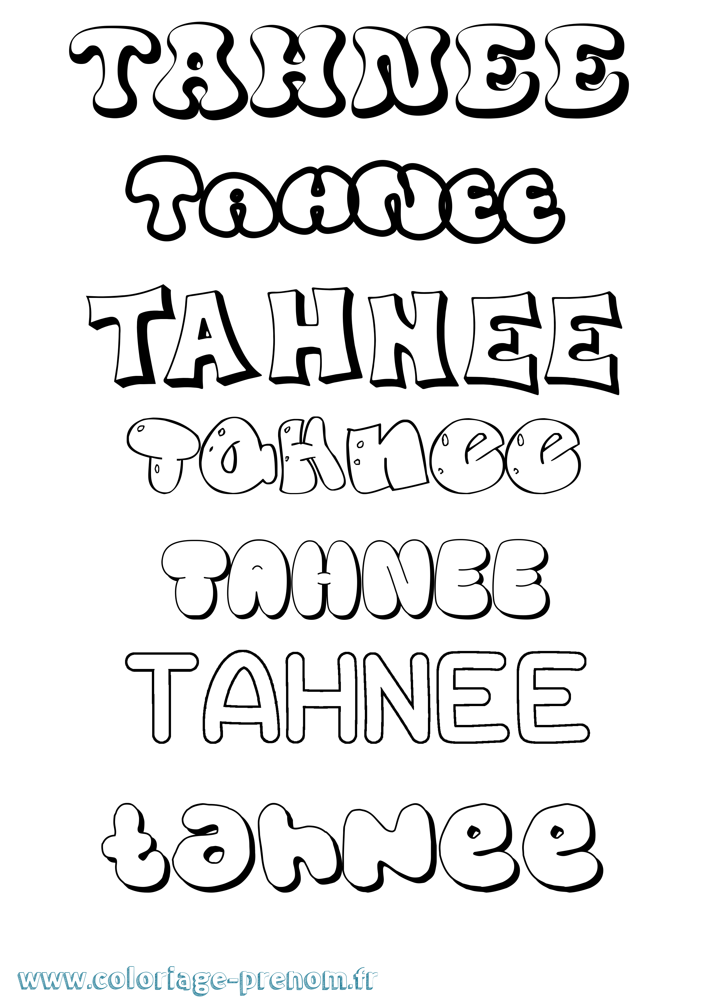 Coloriage prénom Tahnee Bubble