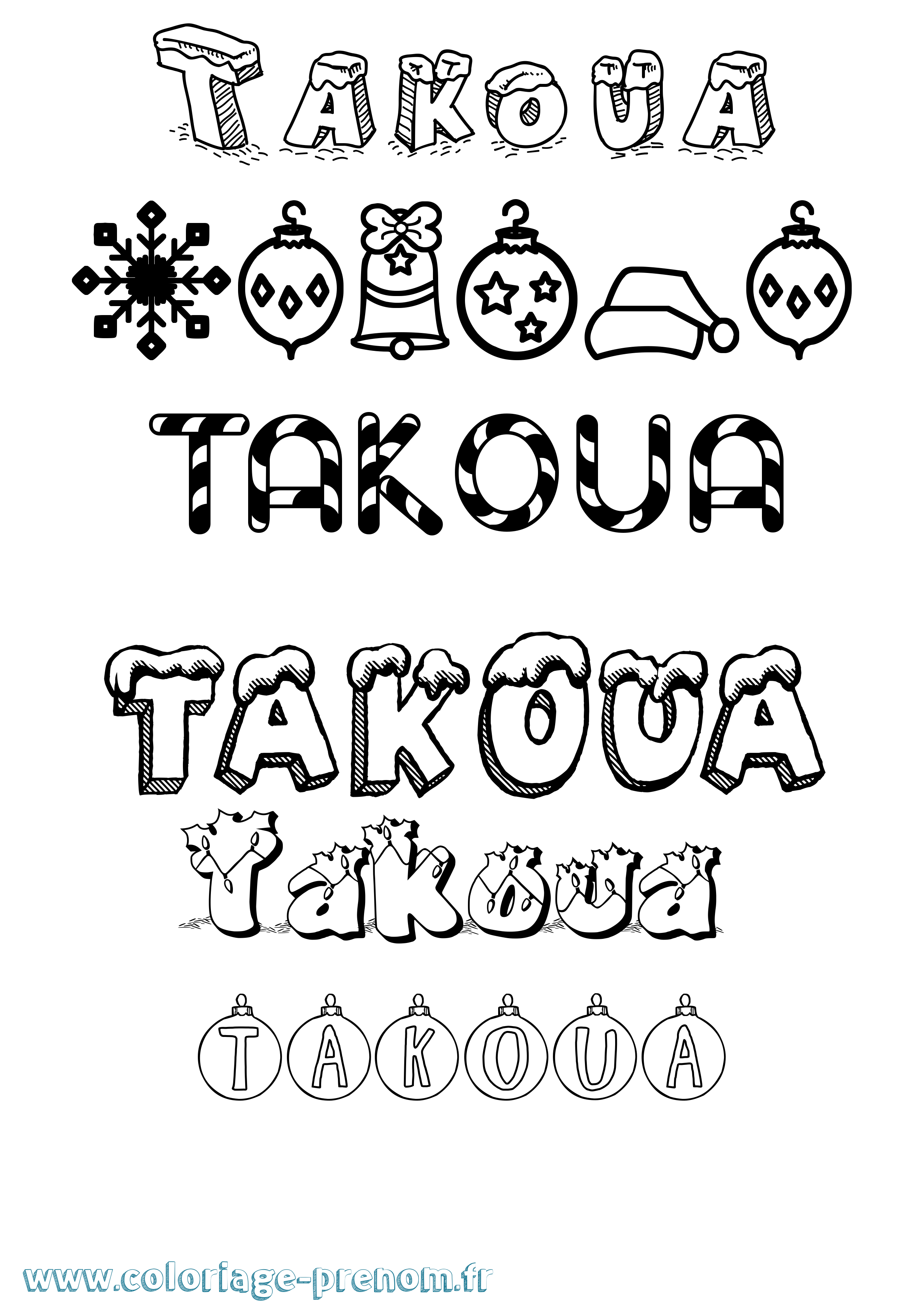 Coloriage prénom Takoua Noël