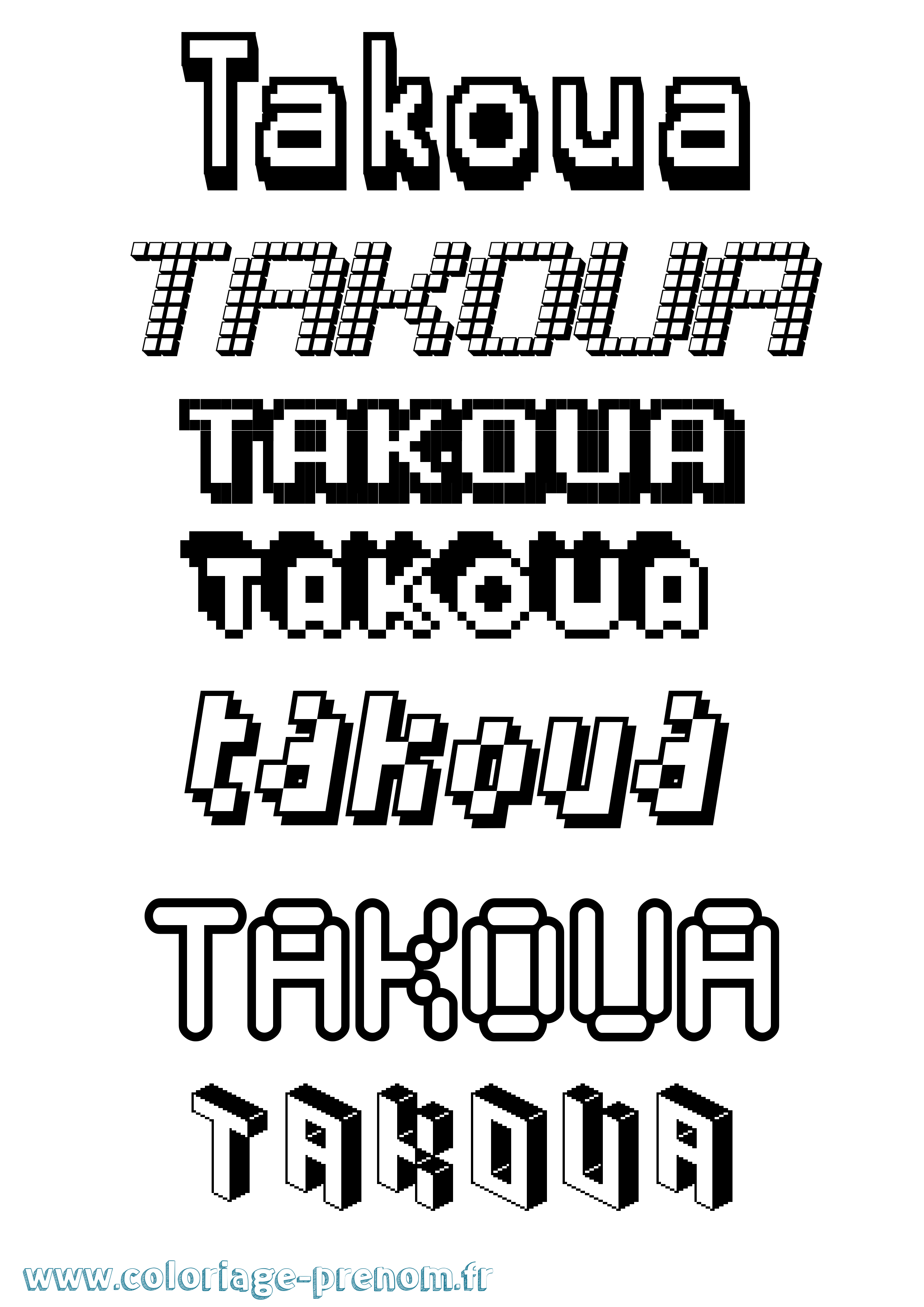 Coloriage prénom Takoua Pixel