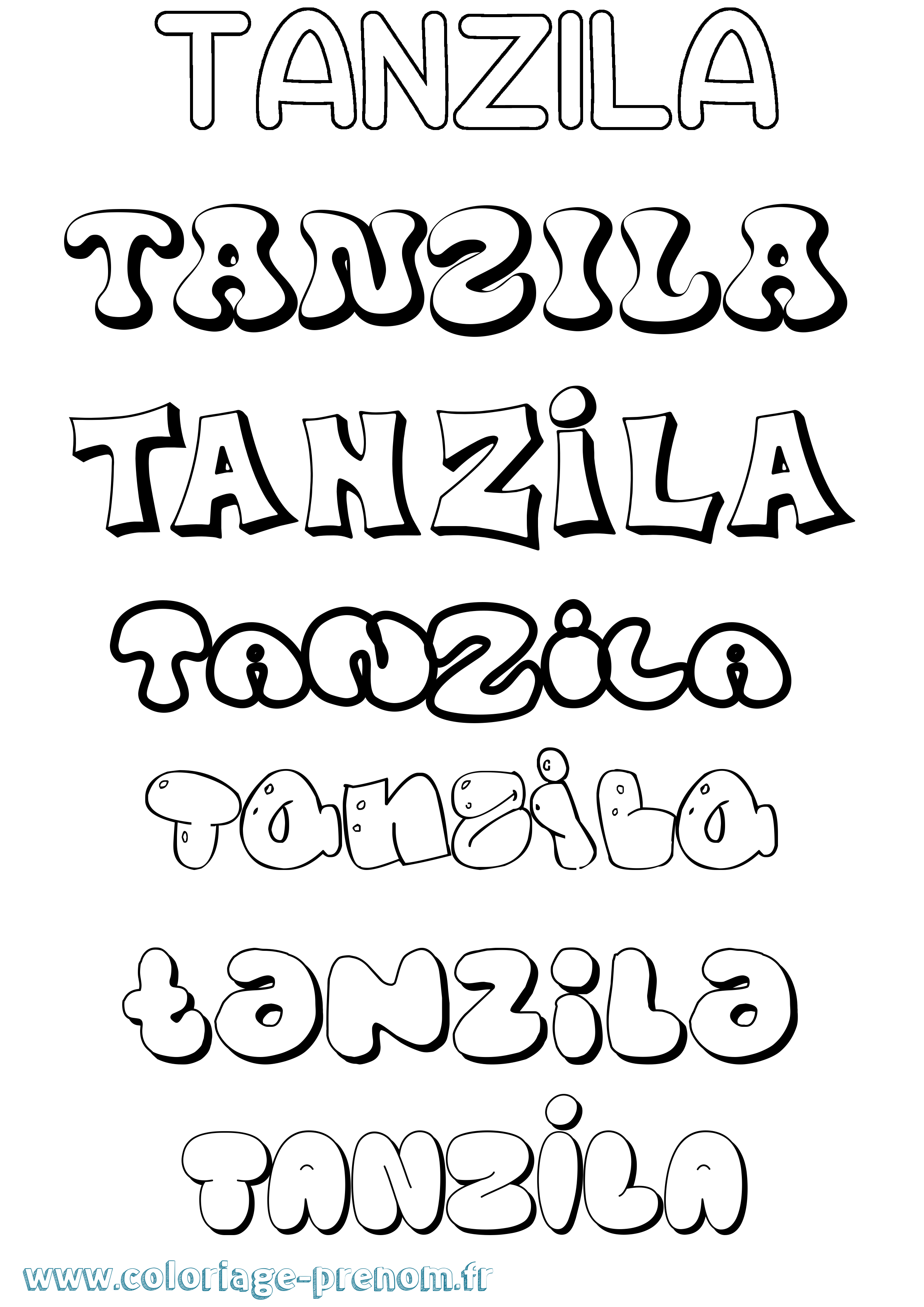 Coloriage prénom Tanzila Bubble