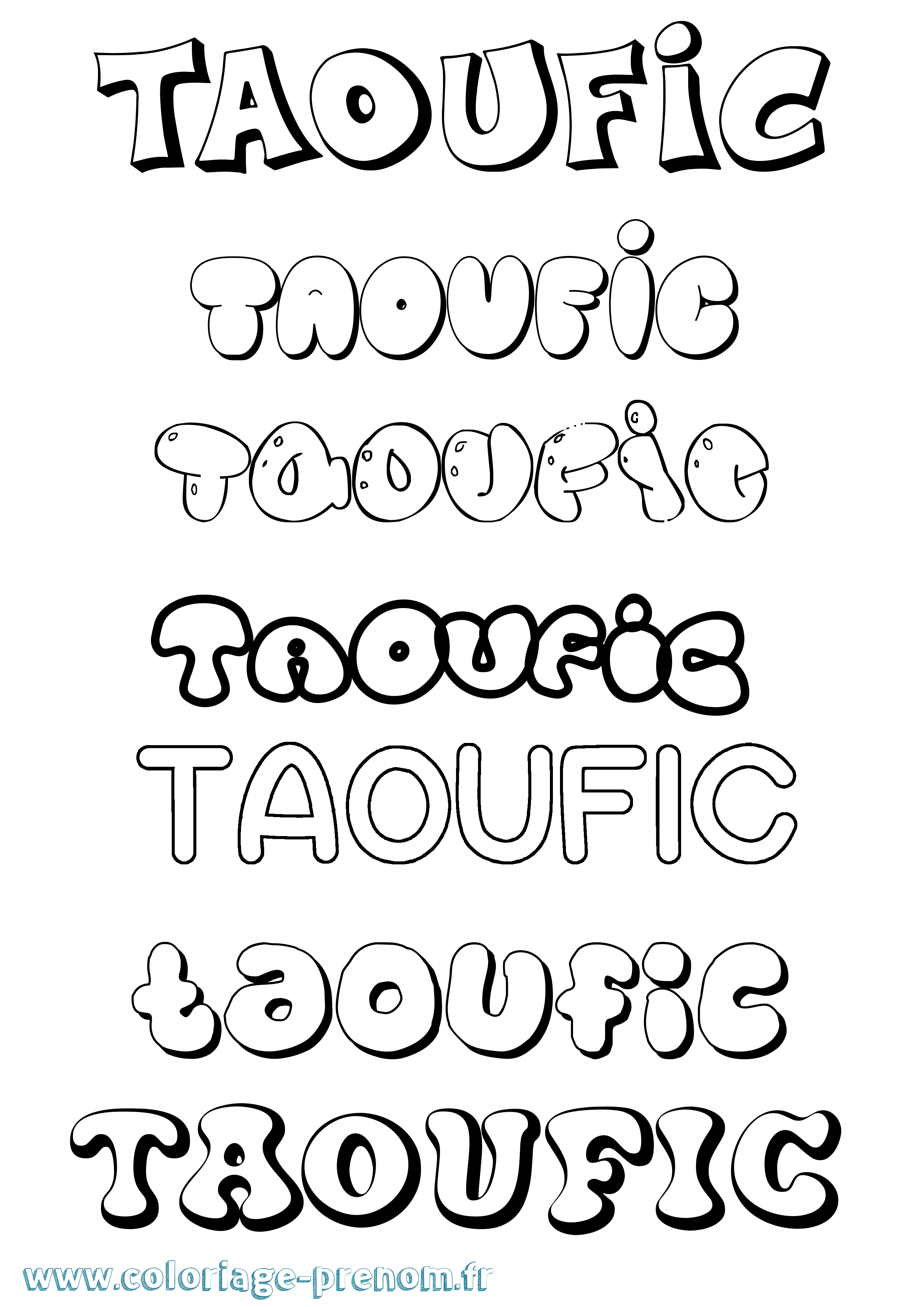 Coloriage prénom Taoufic Bubble