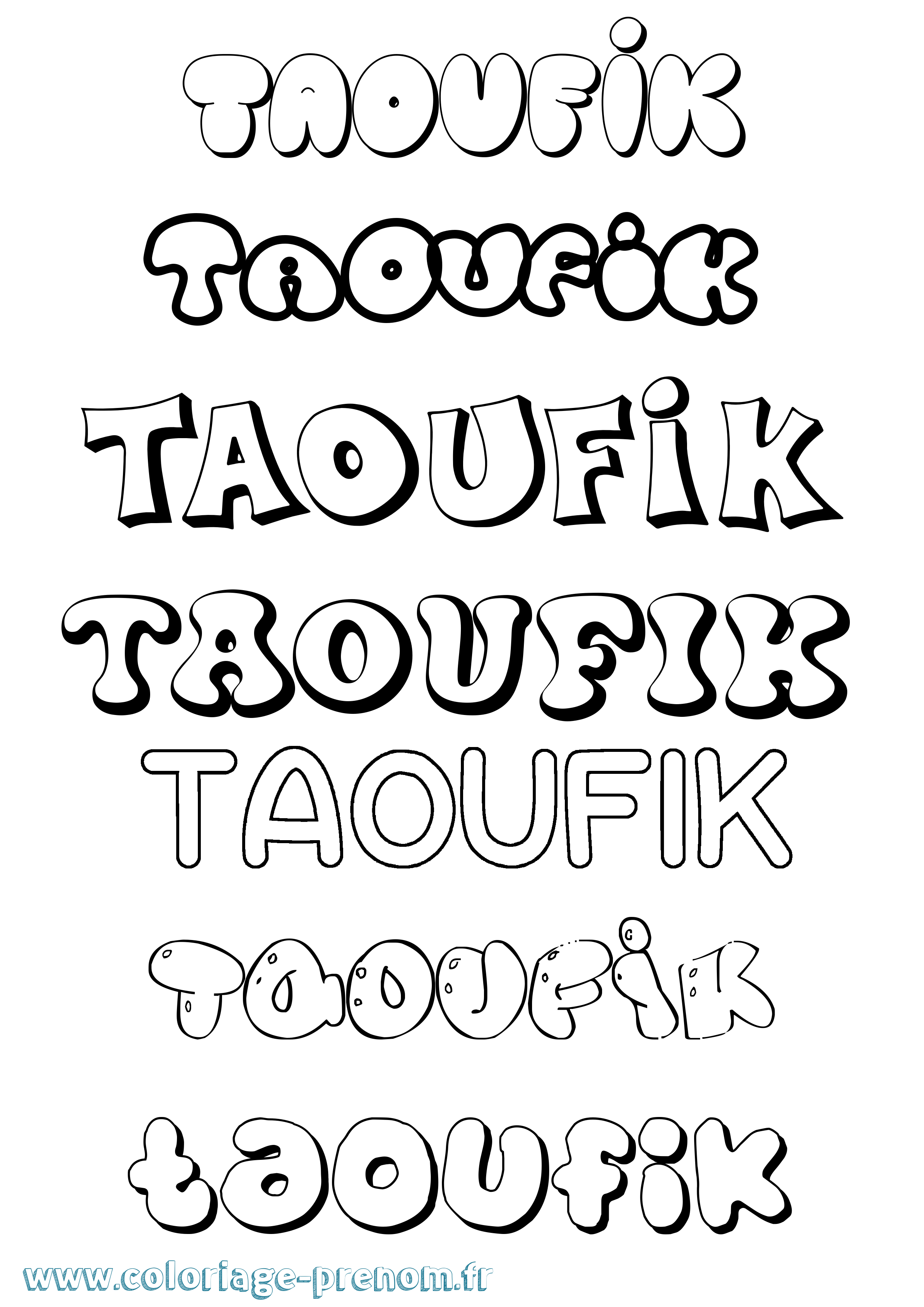 Coloriage prénom Taoufik Bubble