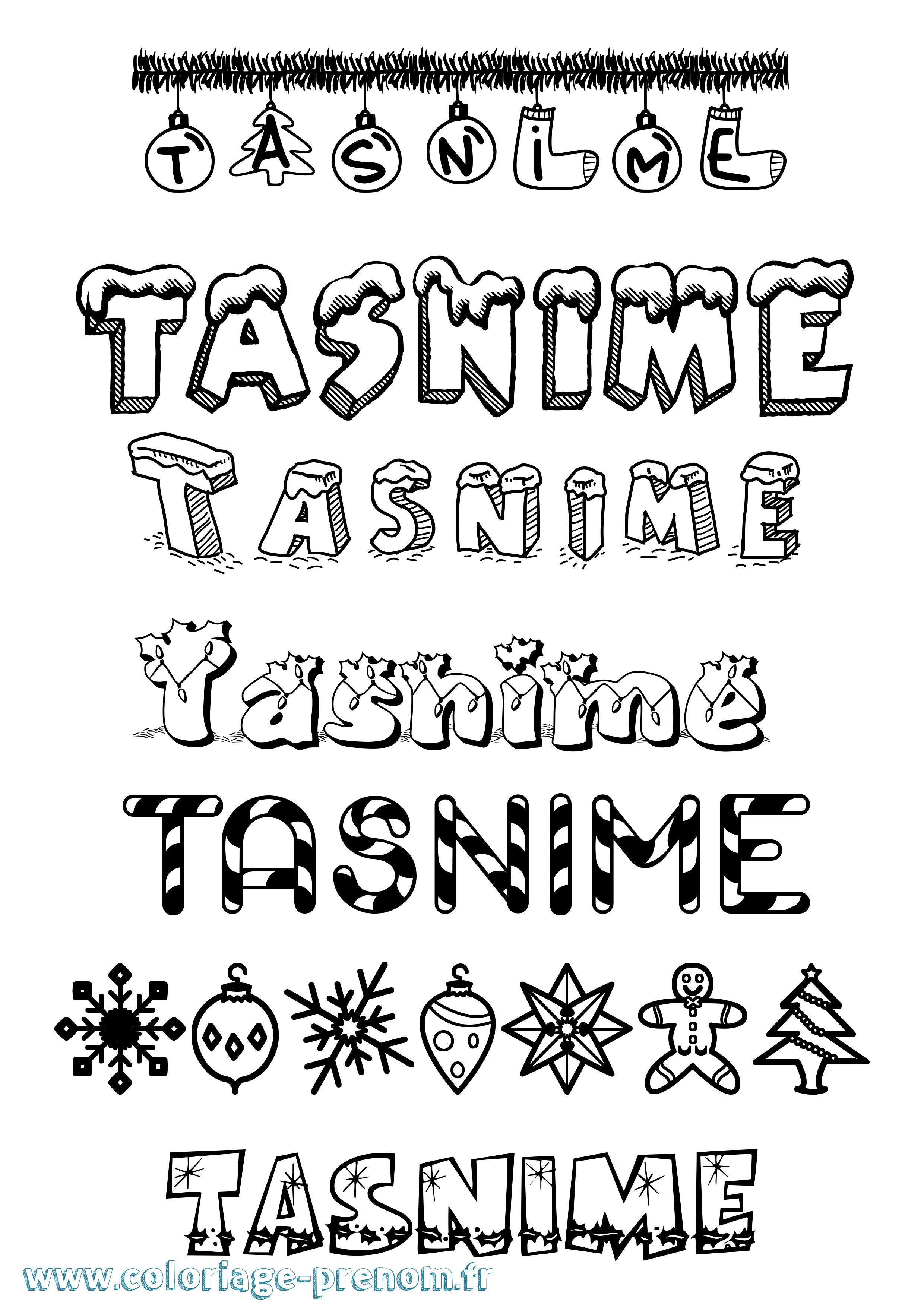 Coloriage prénom Tasnime Noël