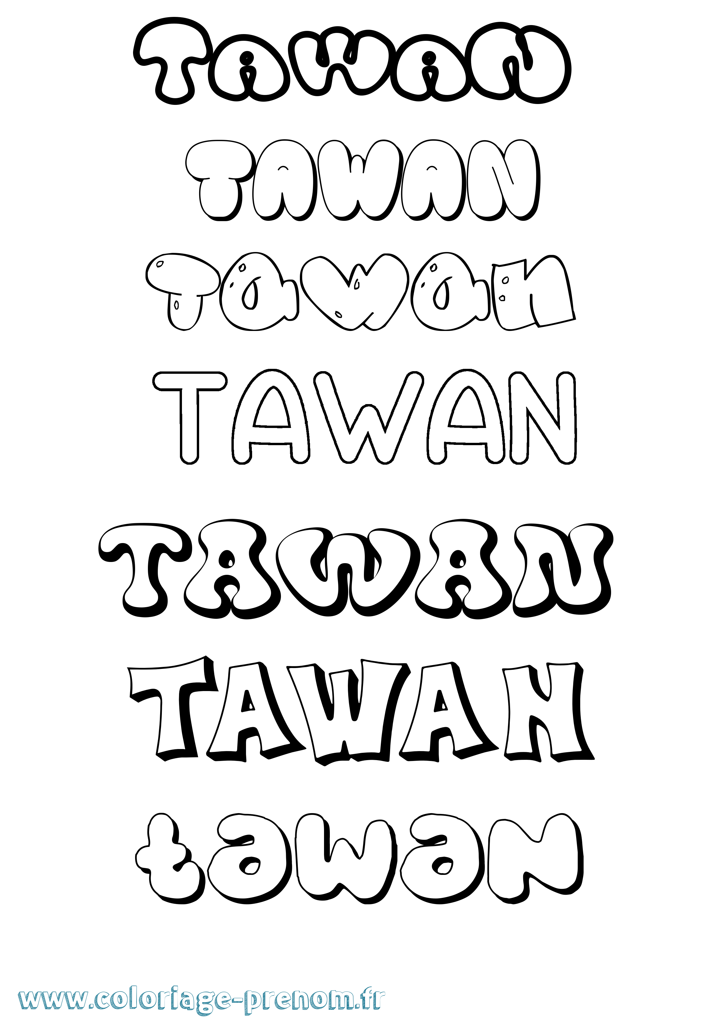 Coloriage prénom Tawan Bubble