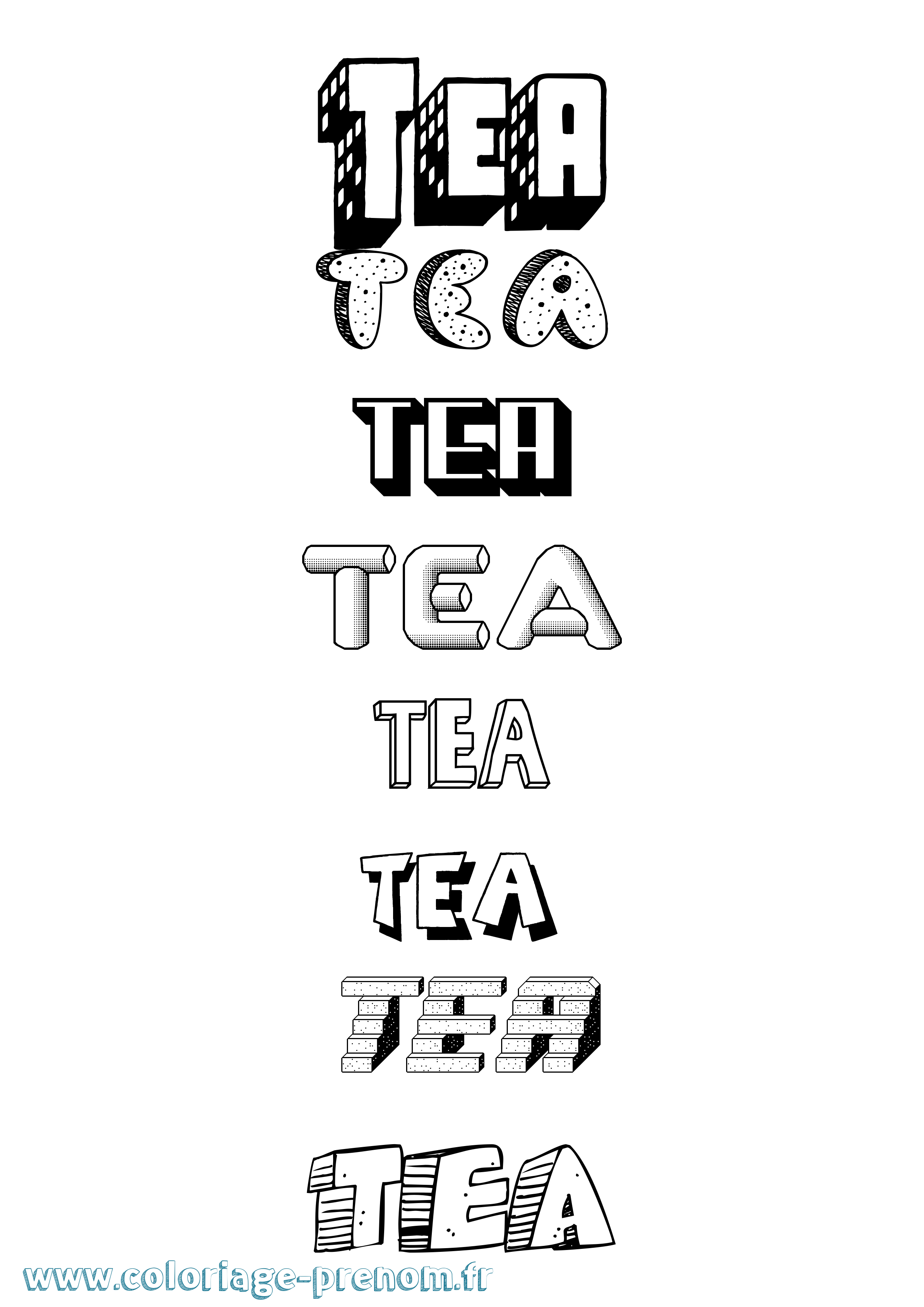 Coloriage prénom Tea Effet 3D