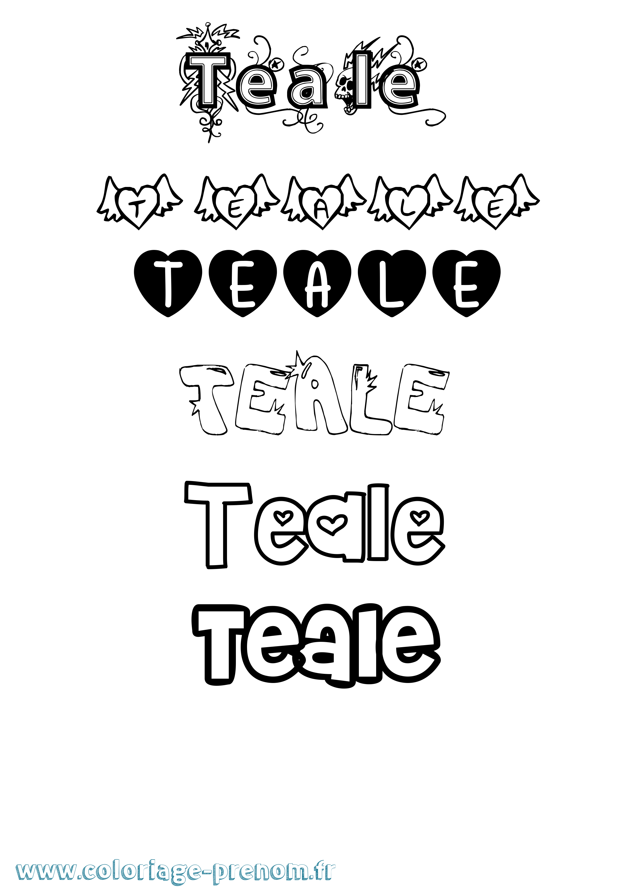 Coloriage prénom Teale Girly