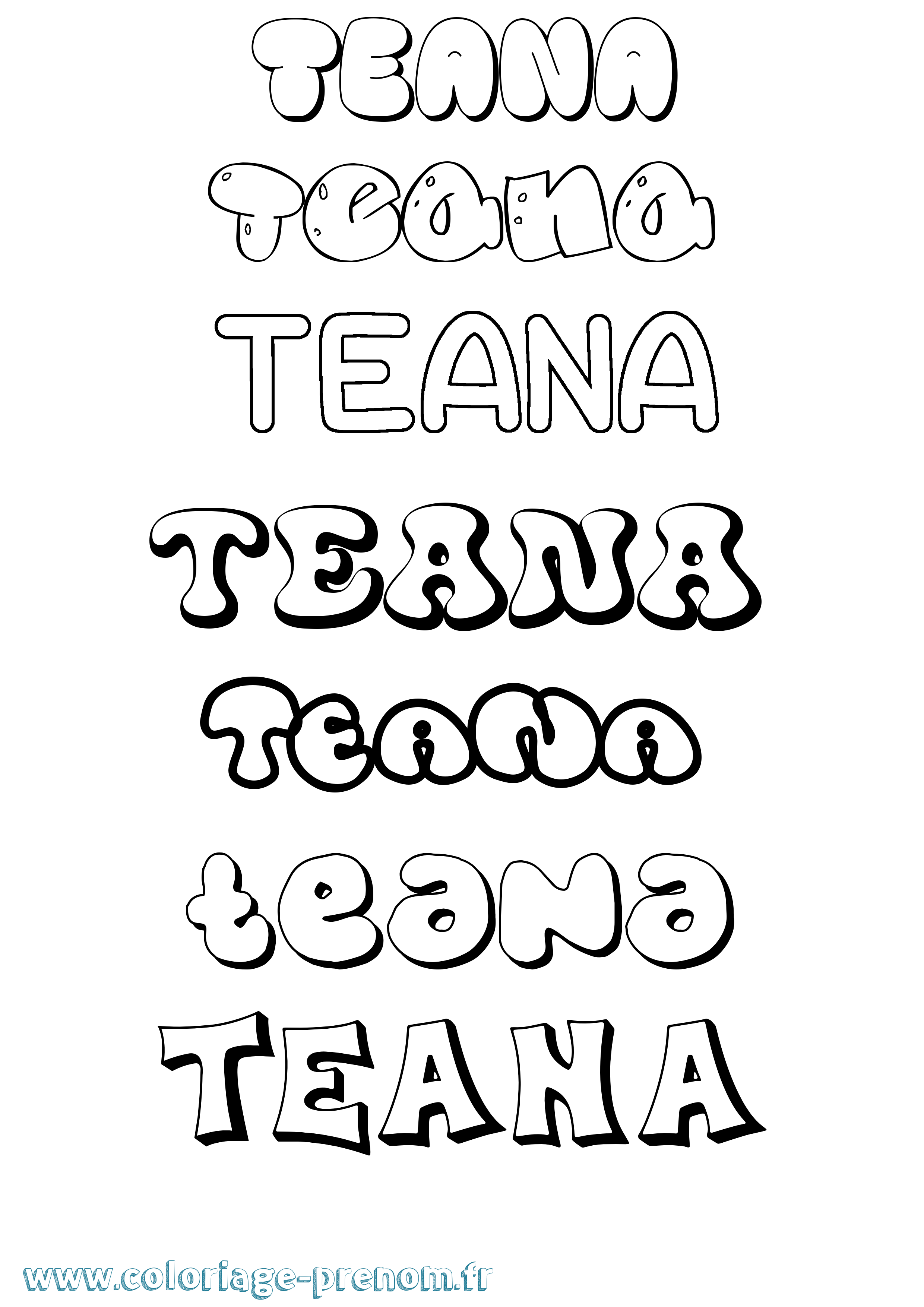 Coloriage prénom Teana Bubble
