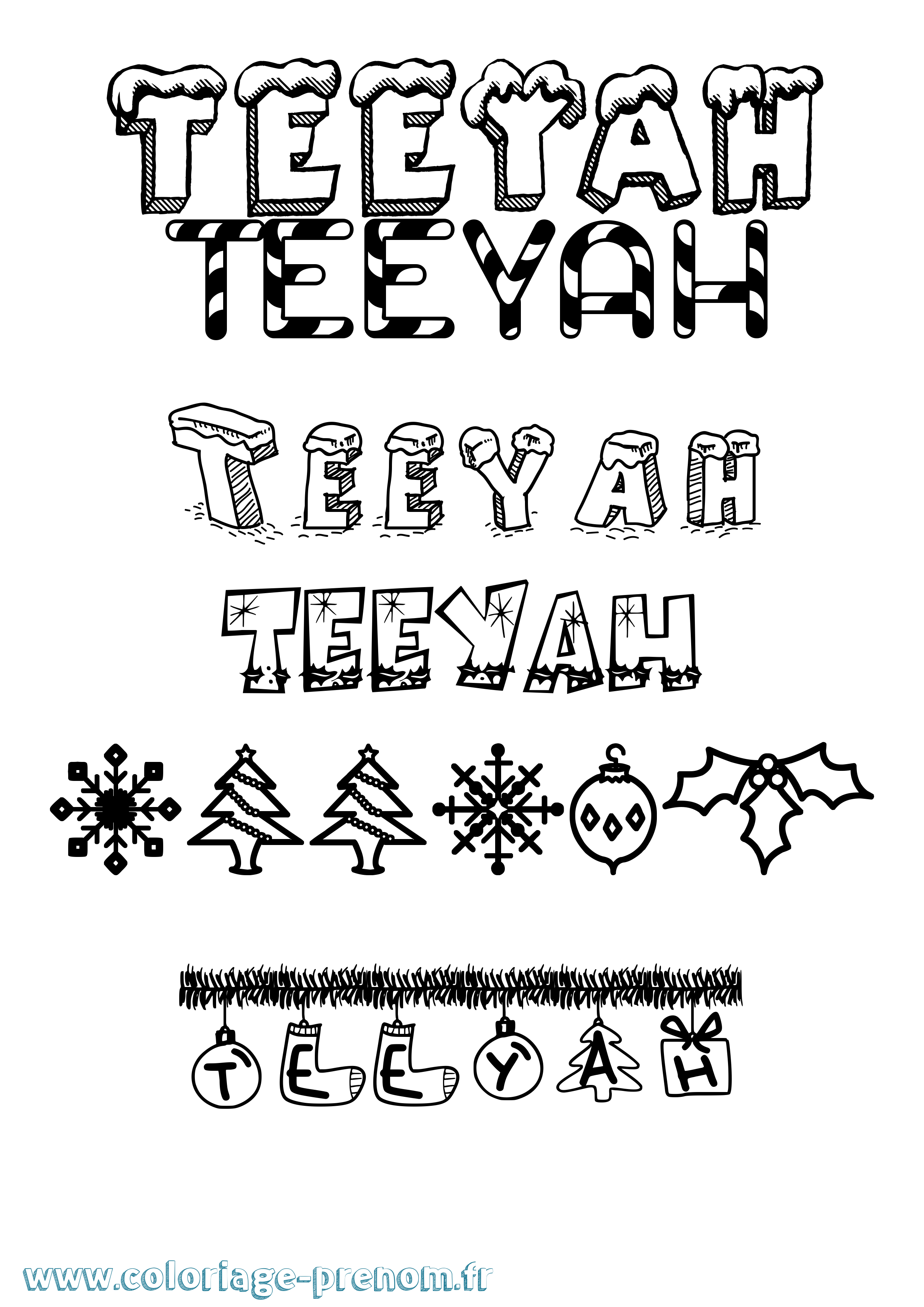 Coloriage prénom Teeyah Noël