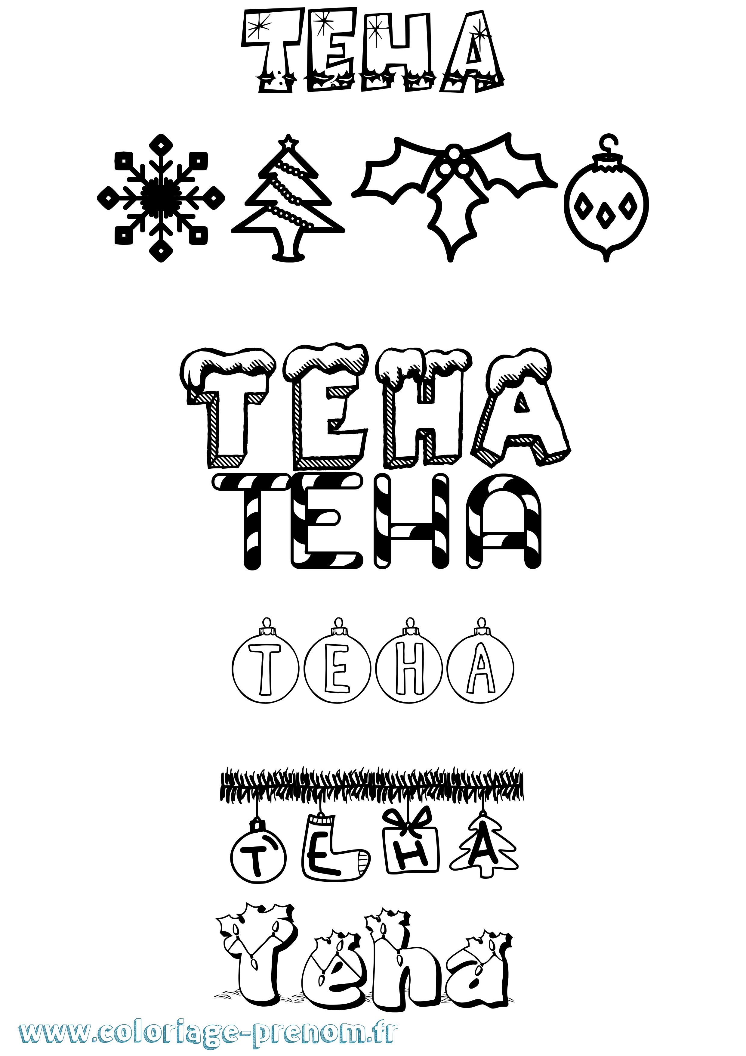 Coloriage prénom Teha Noël