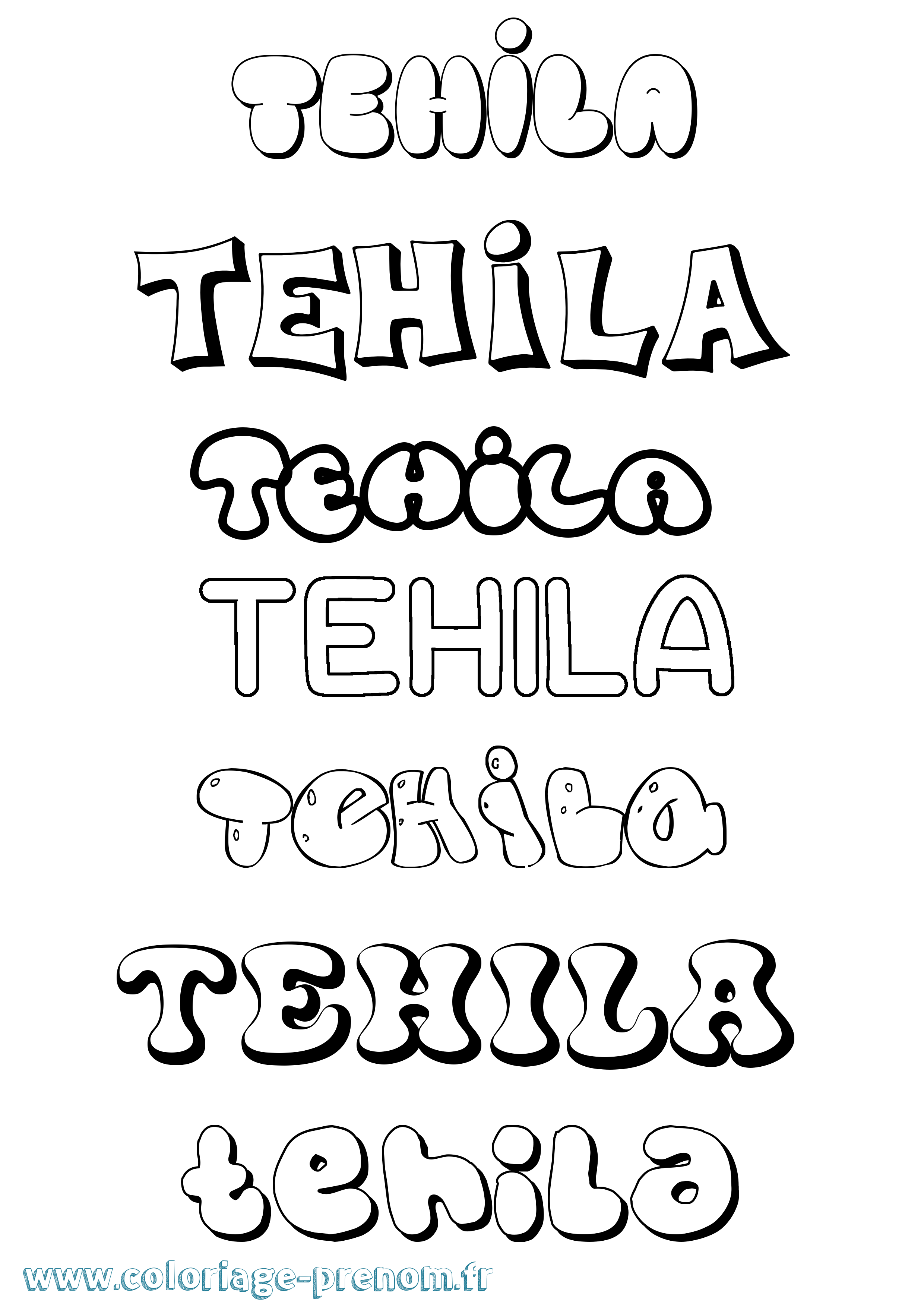 Coloriage prénom Tehila Bubble