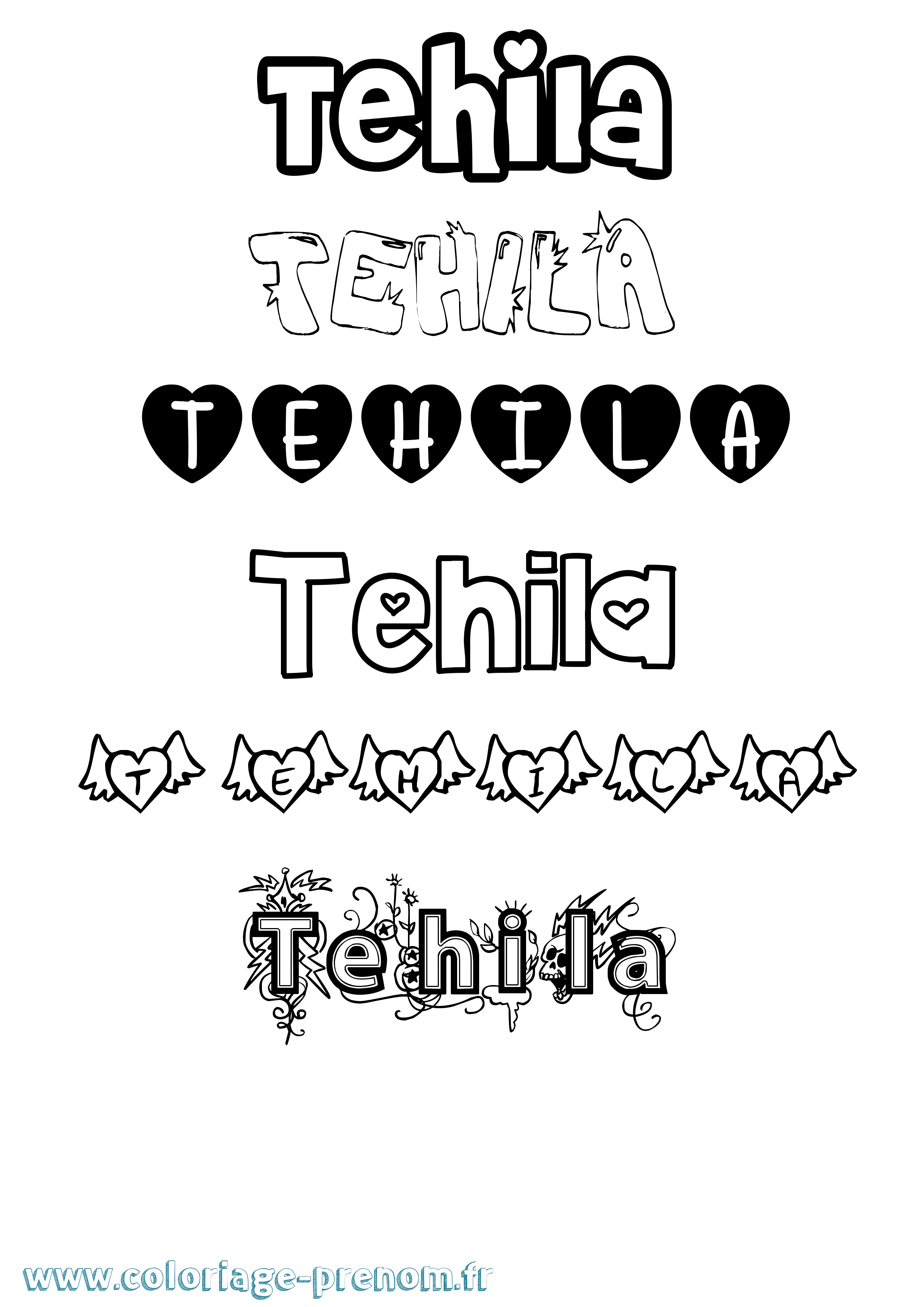 Coloriage prénom Tehila Girly