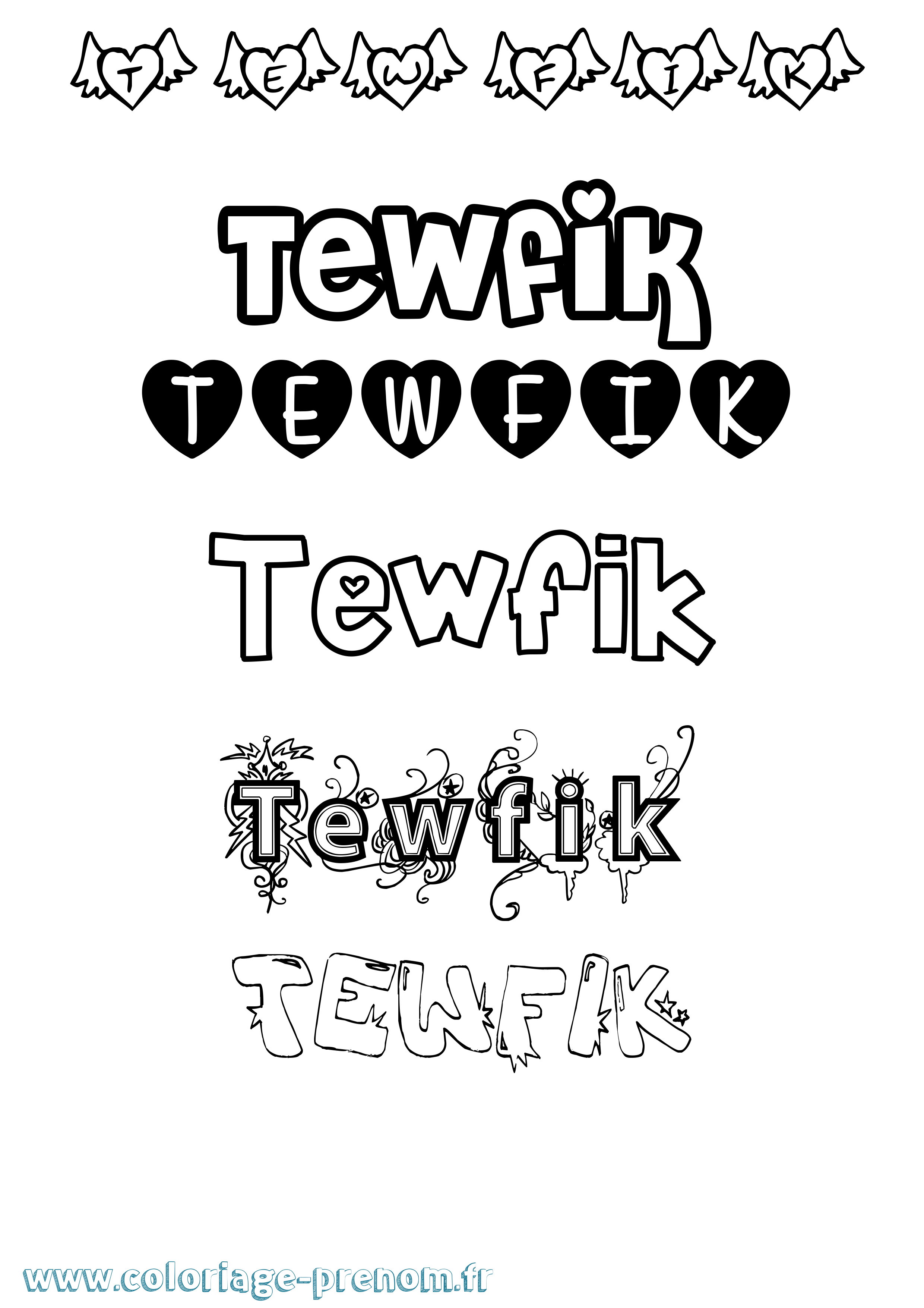 Coloriage prénom Tewfik Girly