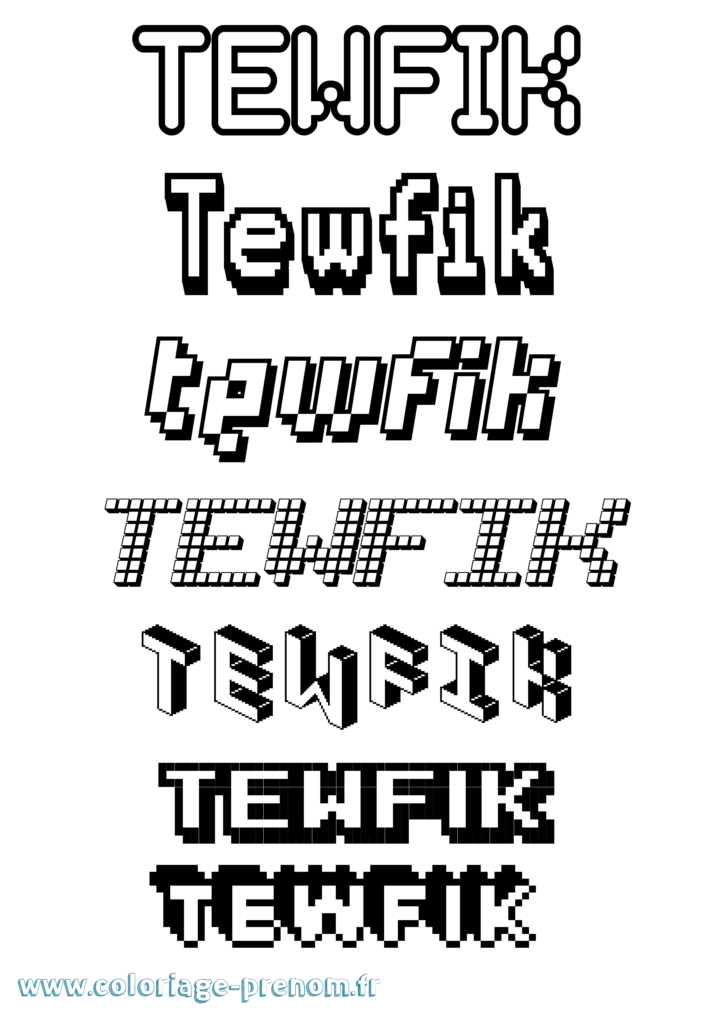 Coloriage prénom Tewfik Pixel