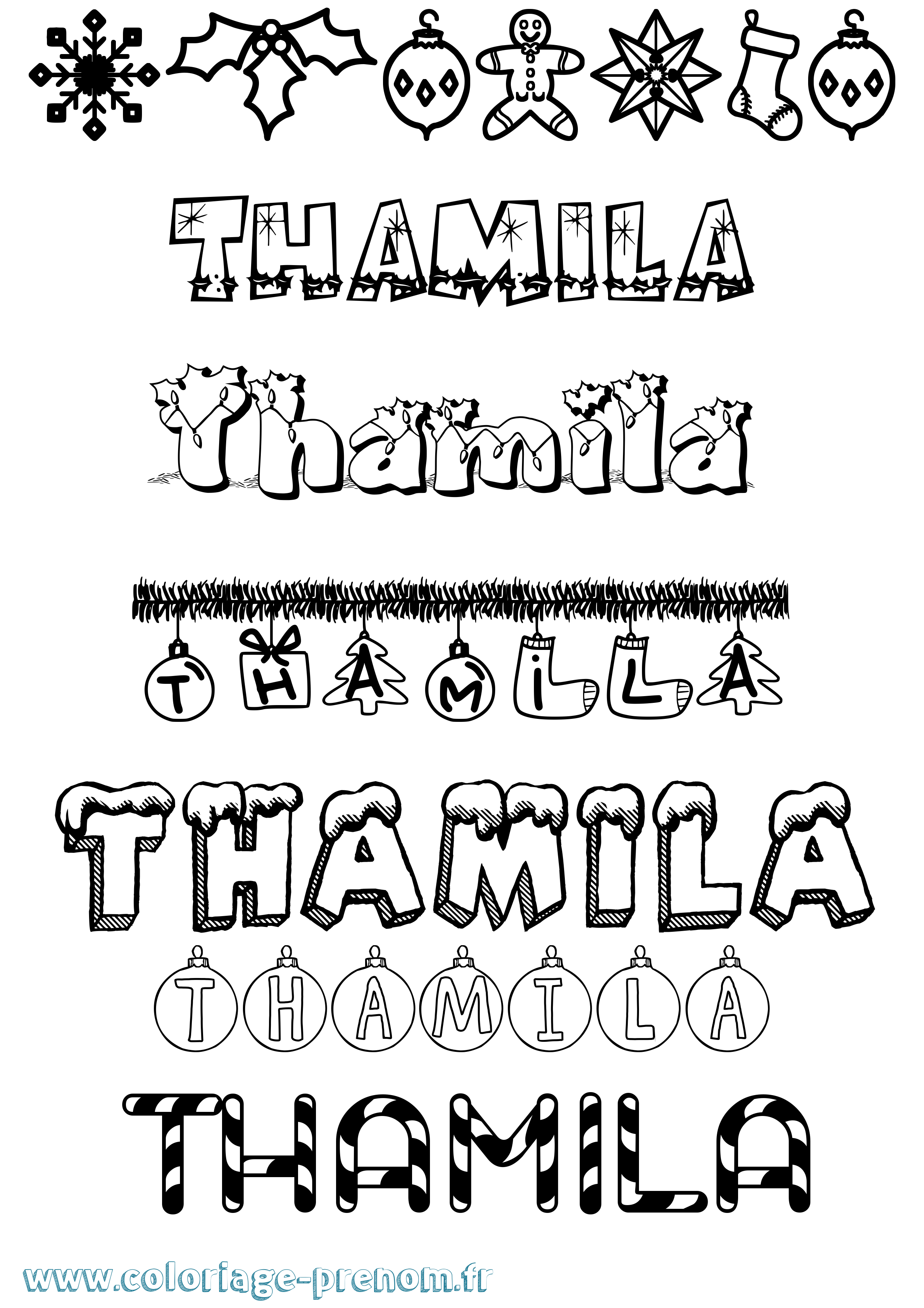 Coloriage prénom Thamila Noël