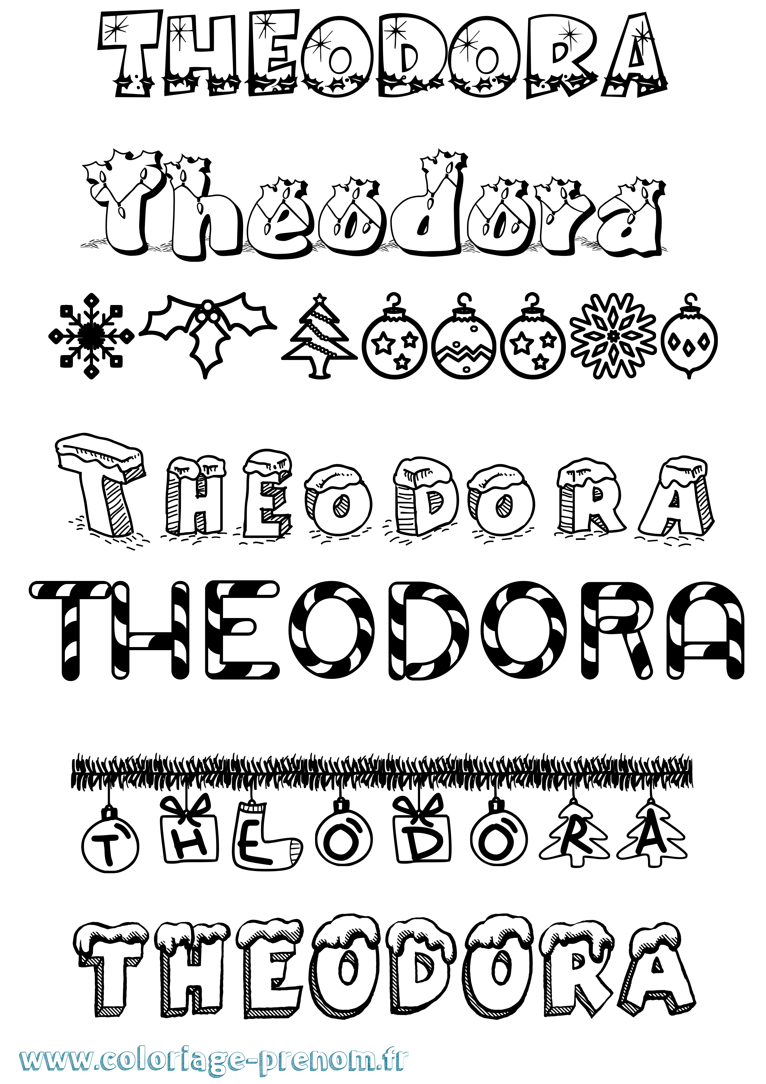 Coloriage prénom Theodora Noël