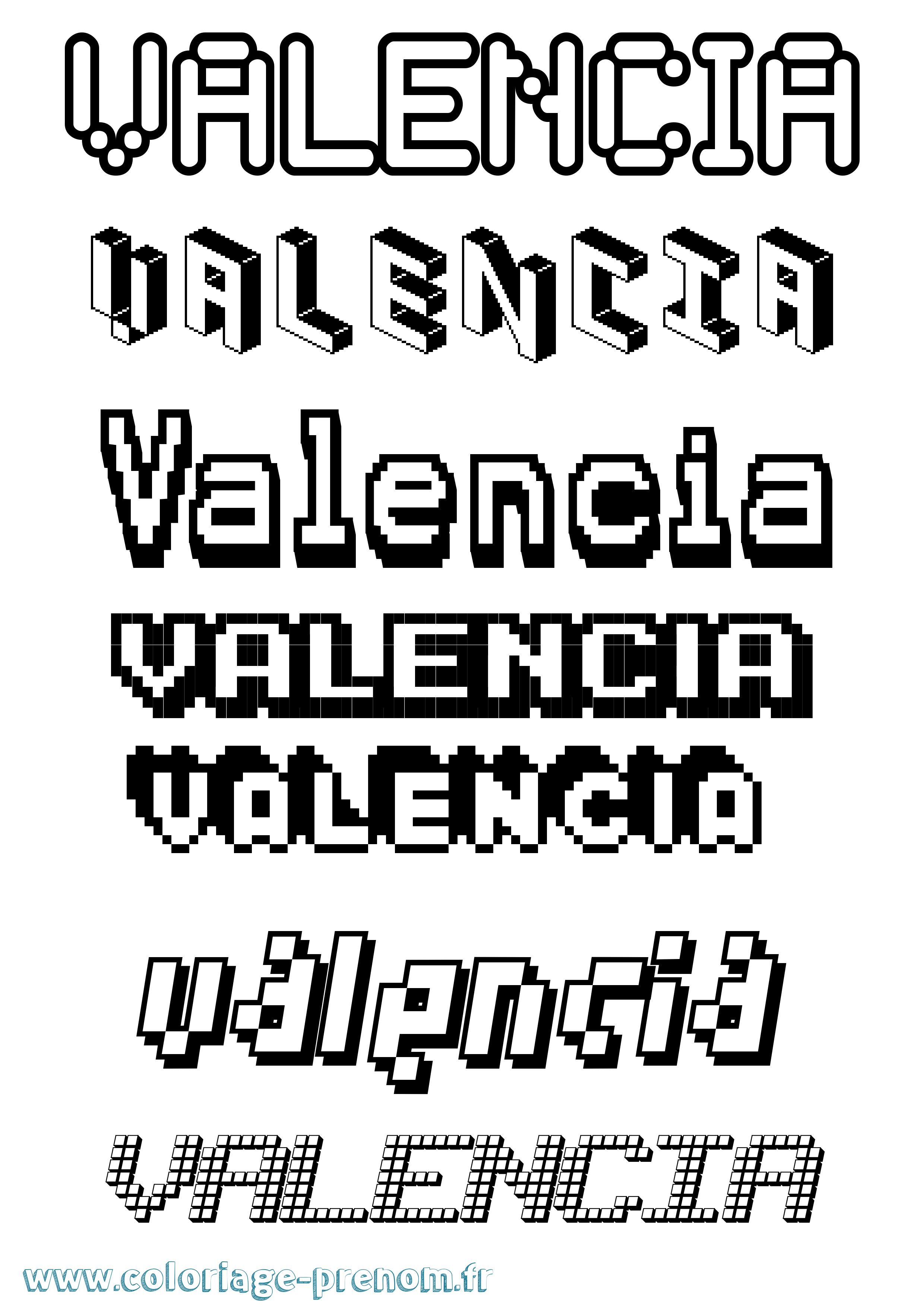 Coloriage prénom Valencia Pixel