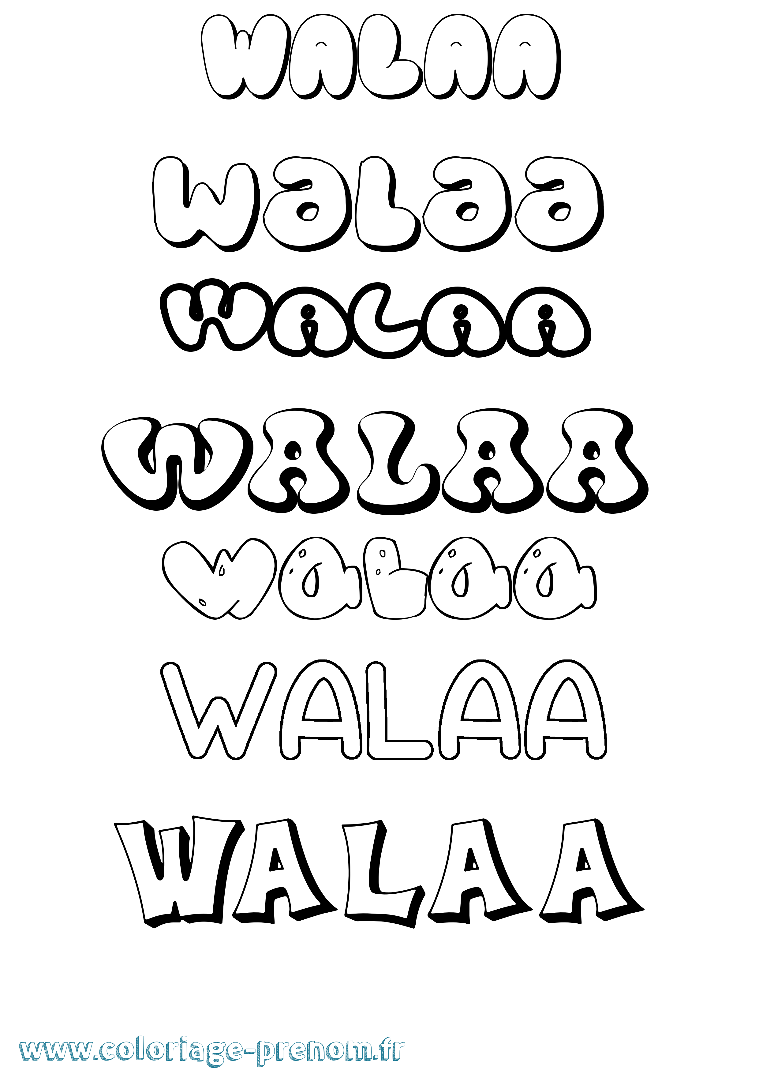 Coloriage prénom Walaa Bubble