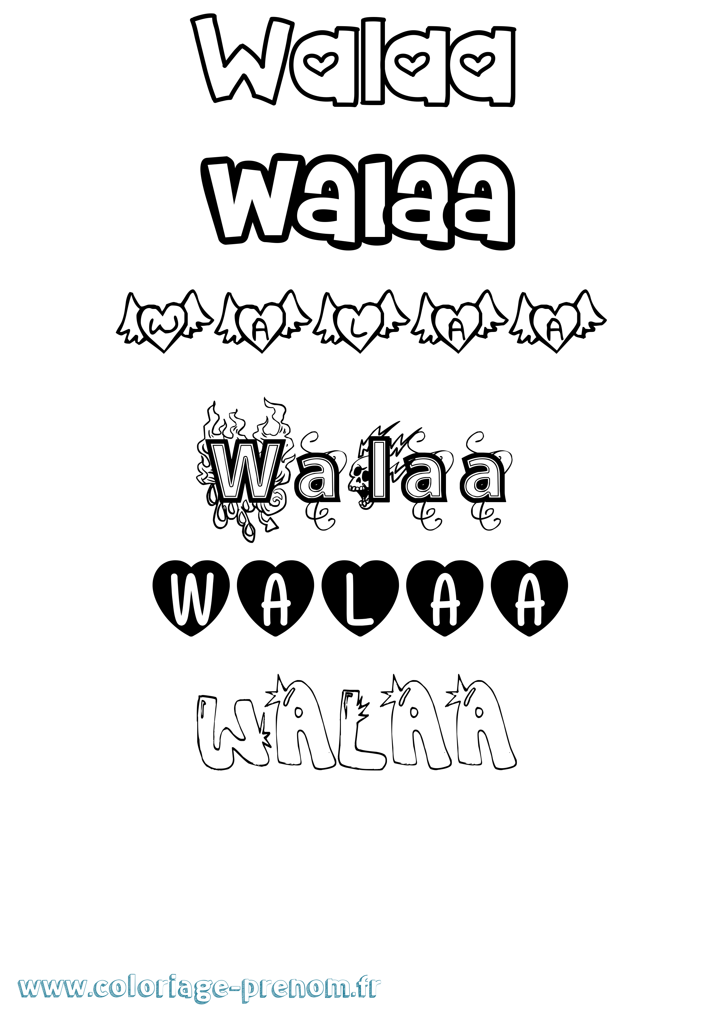 Coloriage prénom Walaa Girly