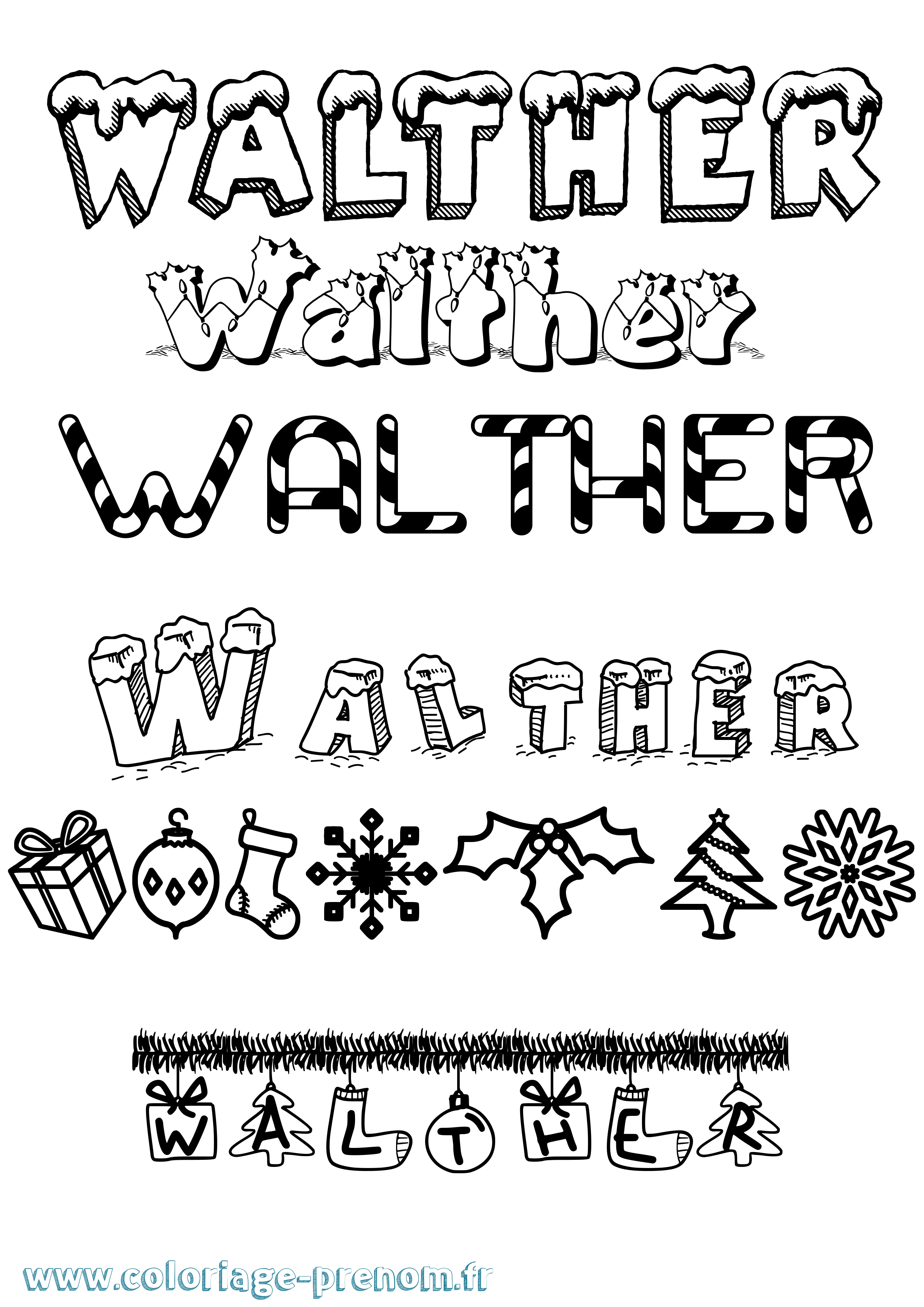 Coloriage Walther Noël Coloriage prénom Walther Noël