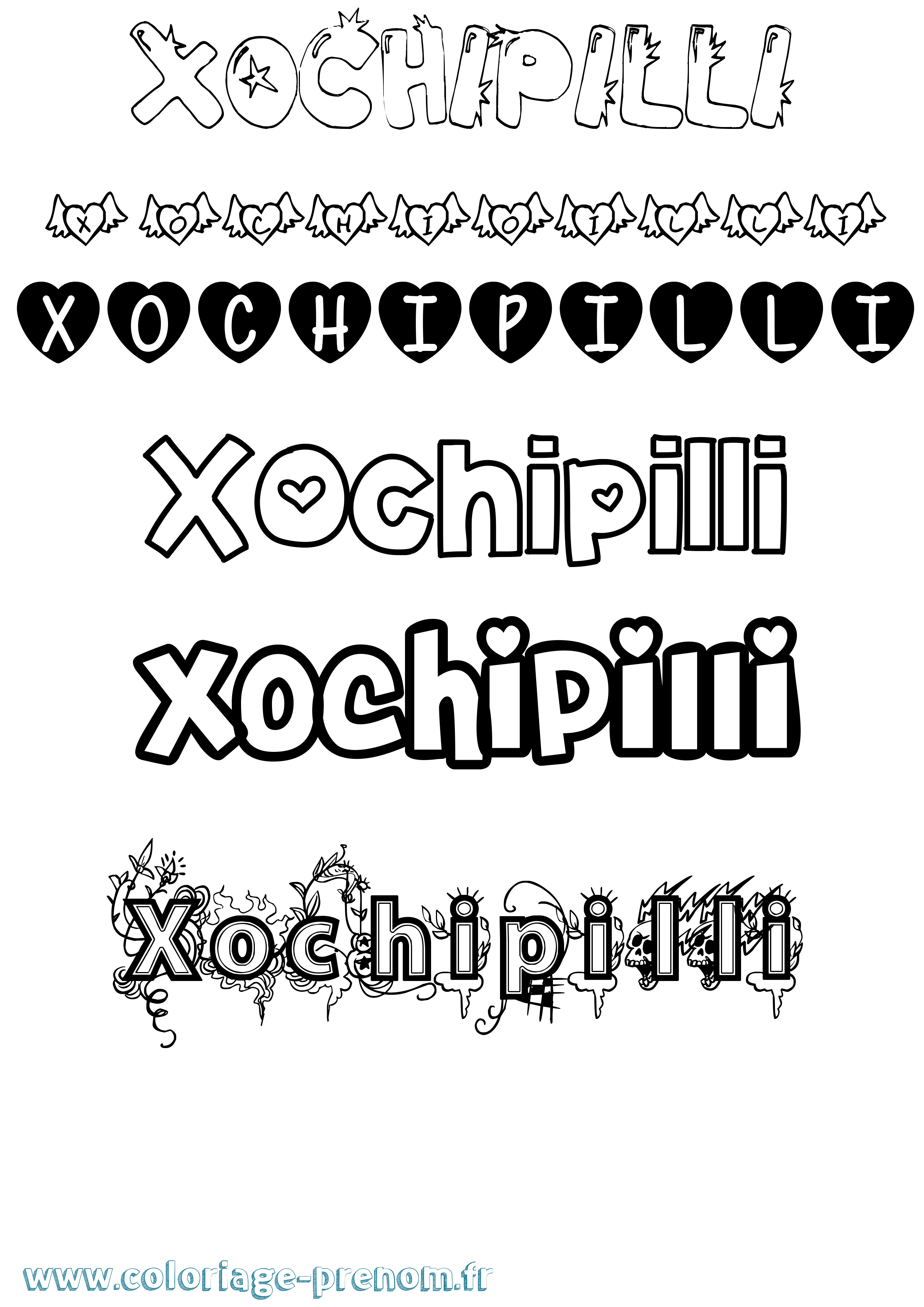 Coloriage prénom Xochipilli Girly