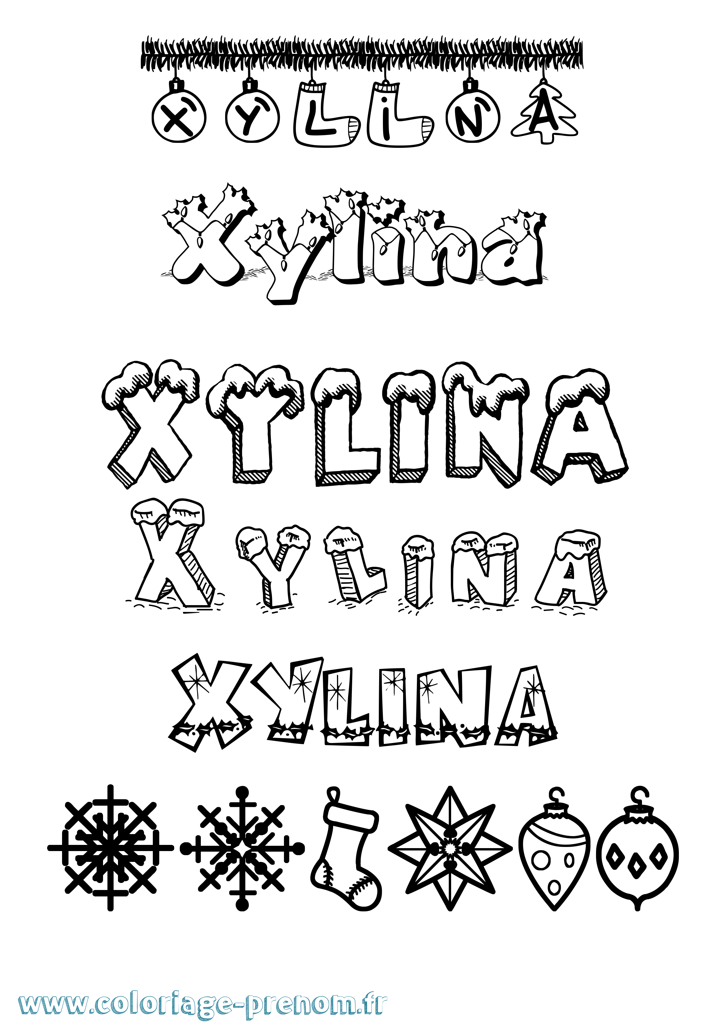 Coloriage Xylina Noël Coloriage prénom Xylina Noël