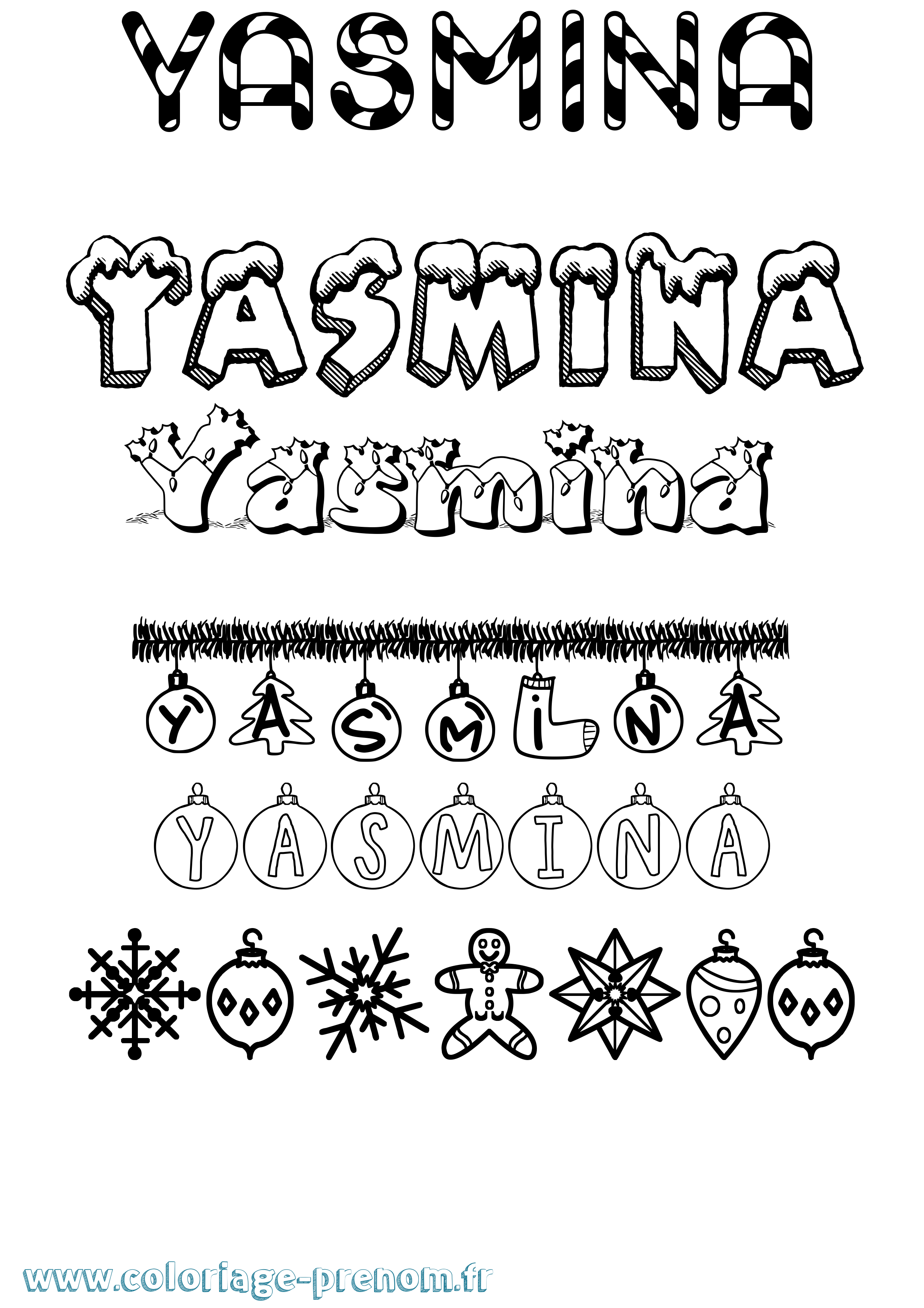 Coloriage prénom Yasmina Noël