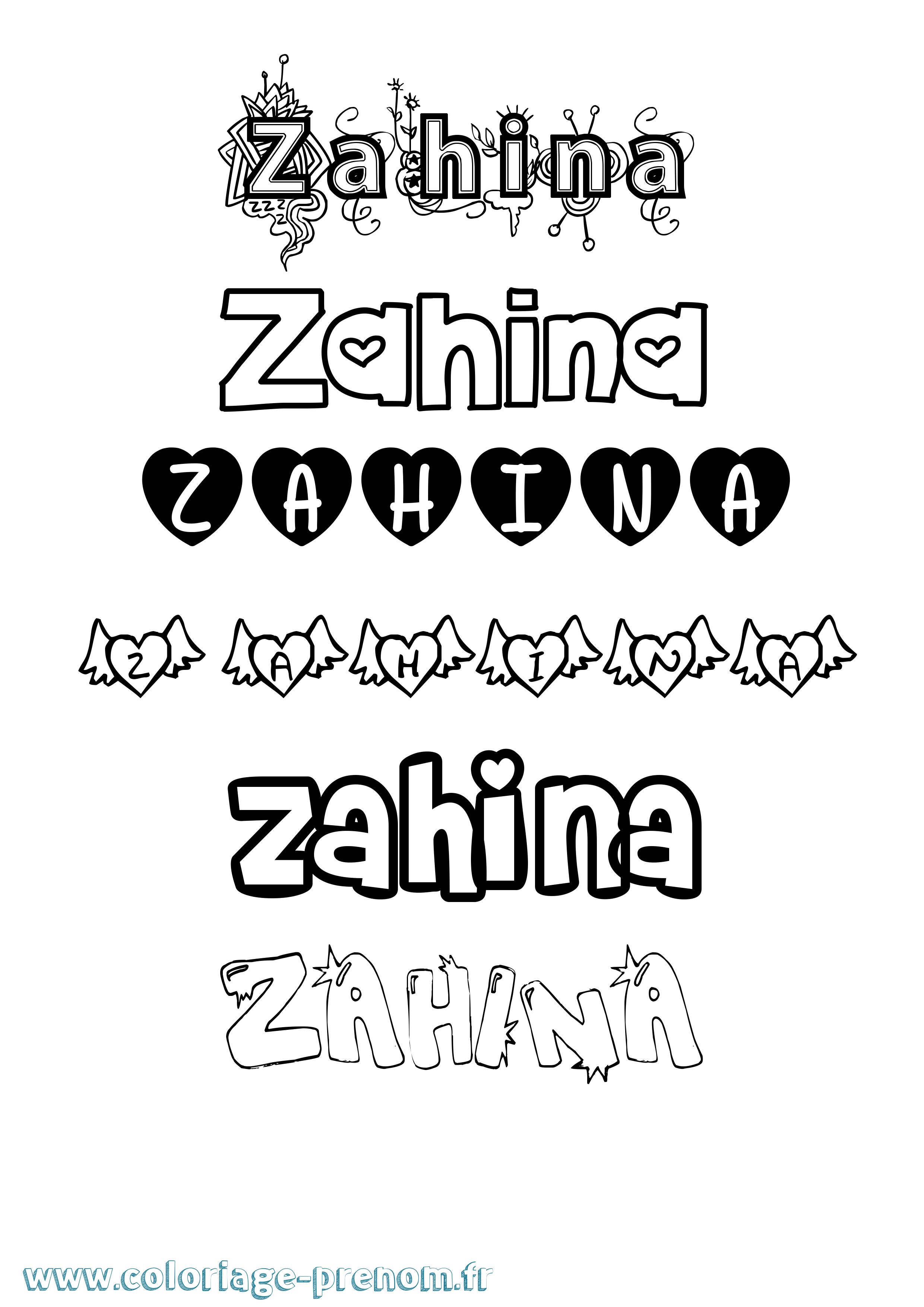 Coloriage prénom Zahina Girly