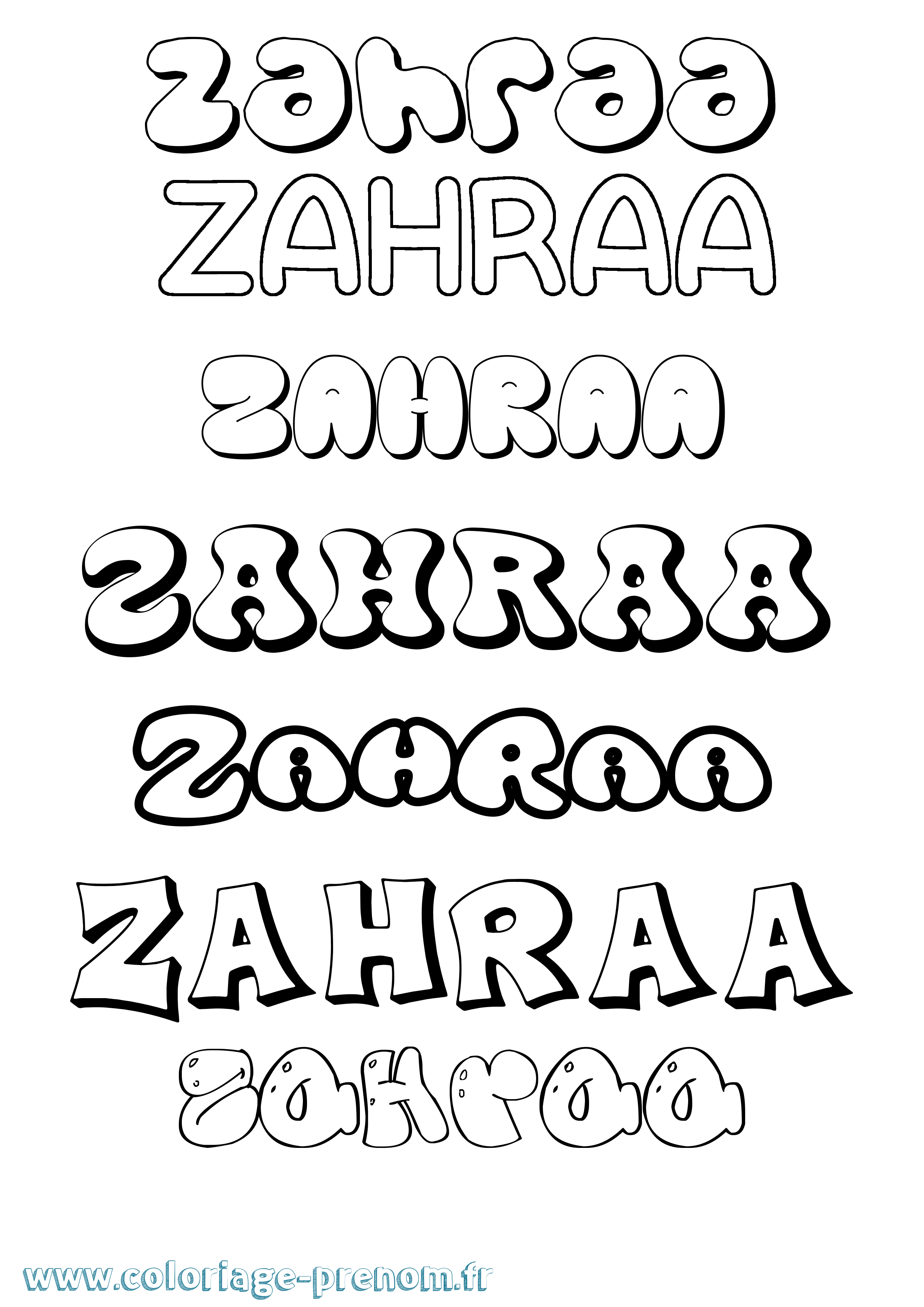 Coloriage prénom Zahraa Bubble