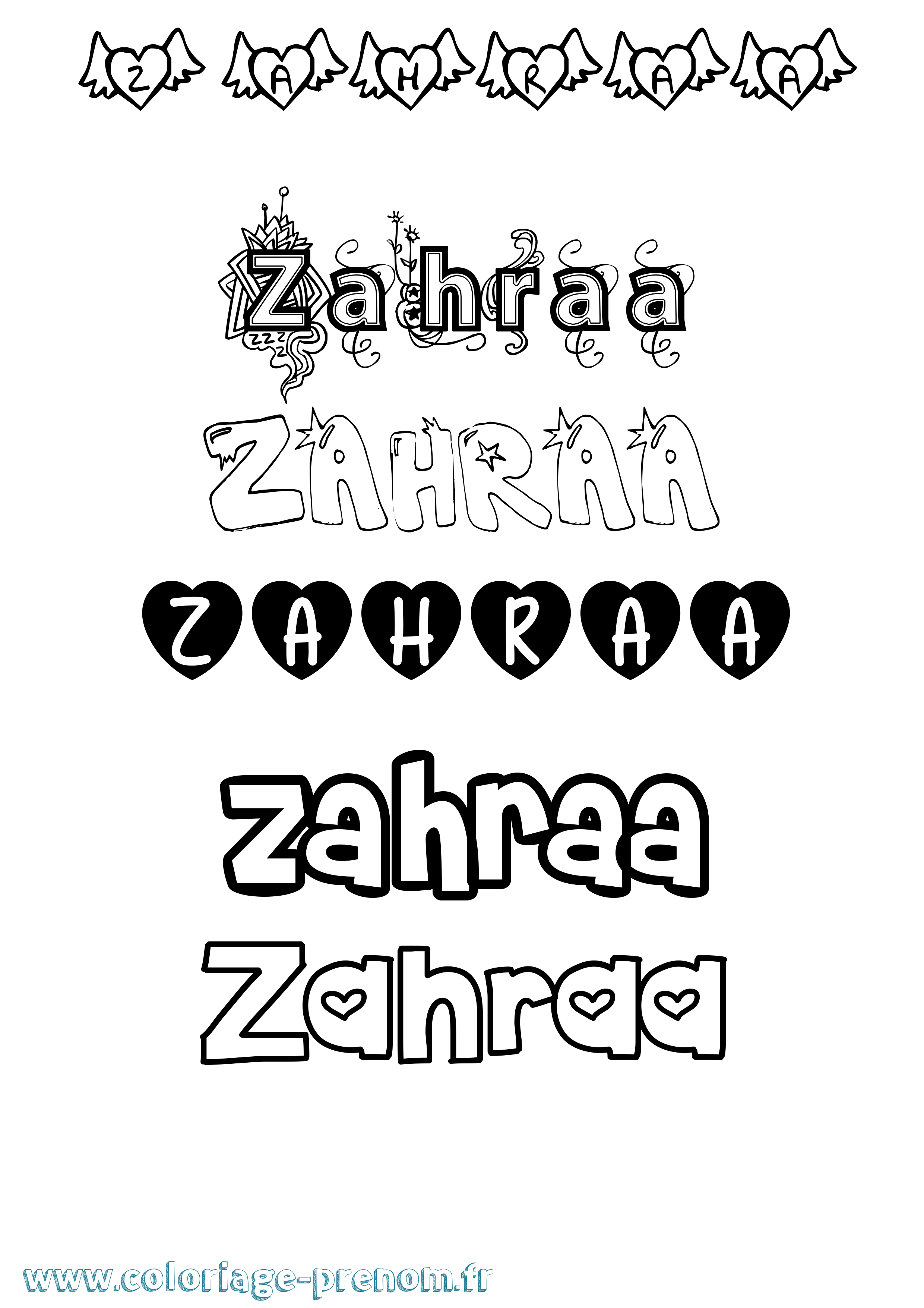 Coloriage prénom Zahraa Girly