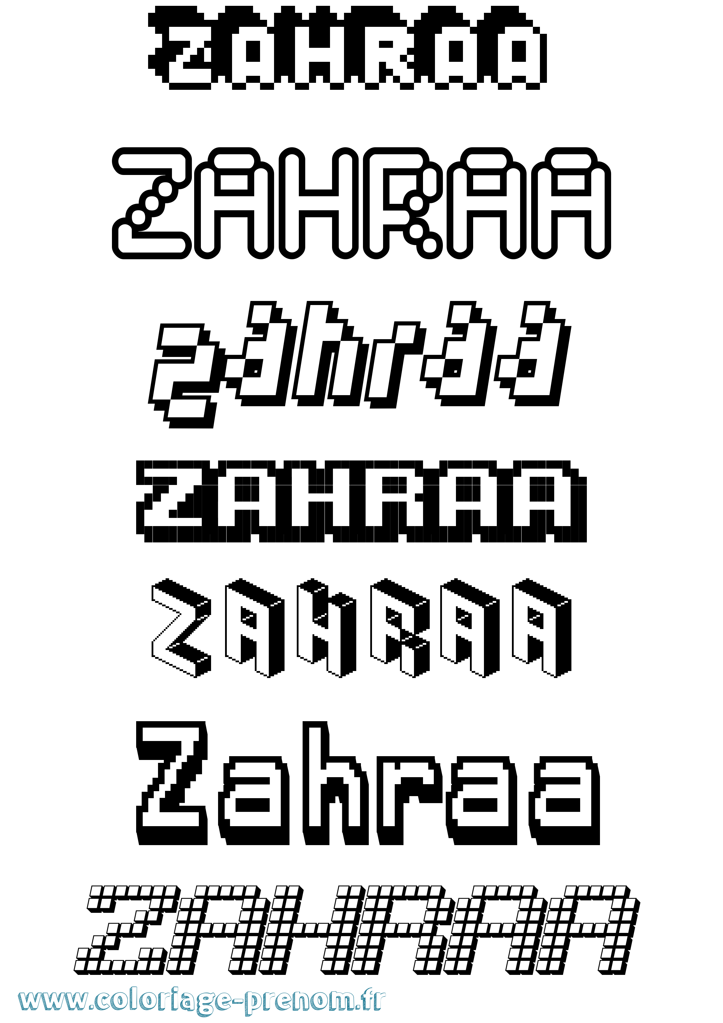 Coloriage prénom Zahraa Pixel