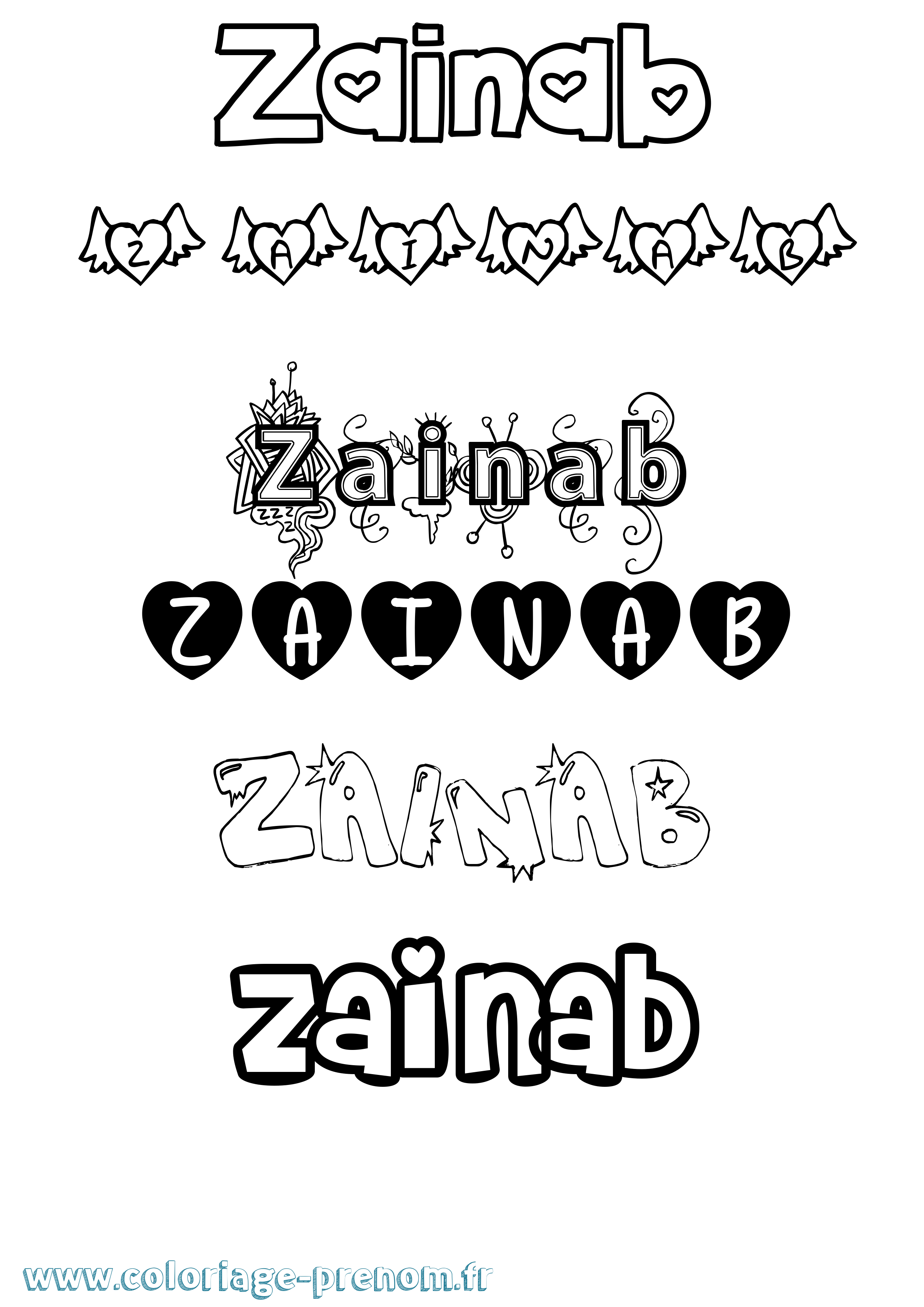 Coloriage prénom Zainab Girly
