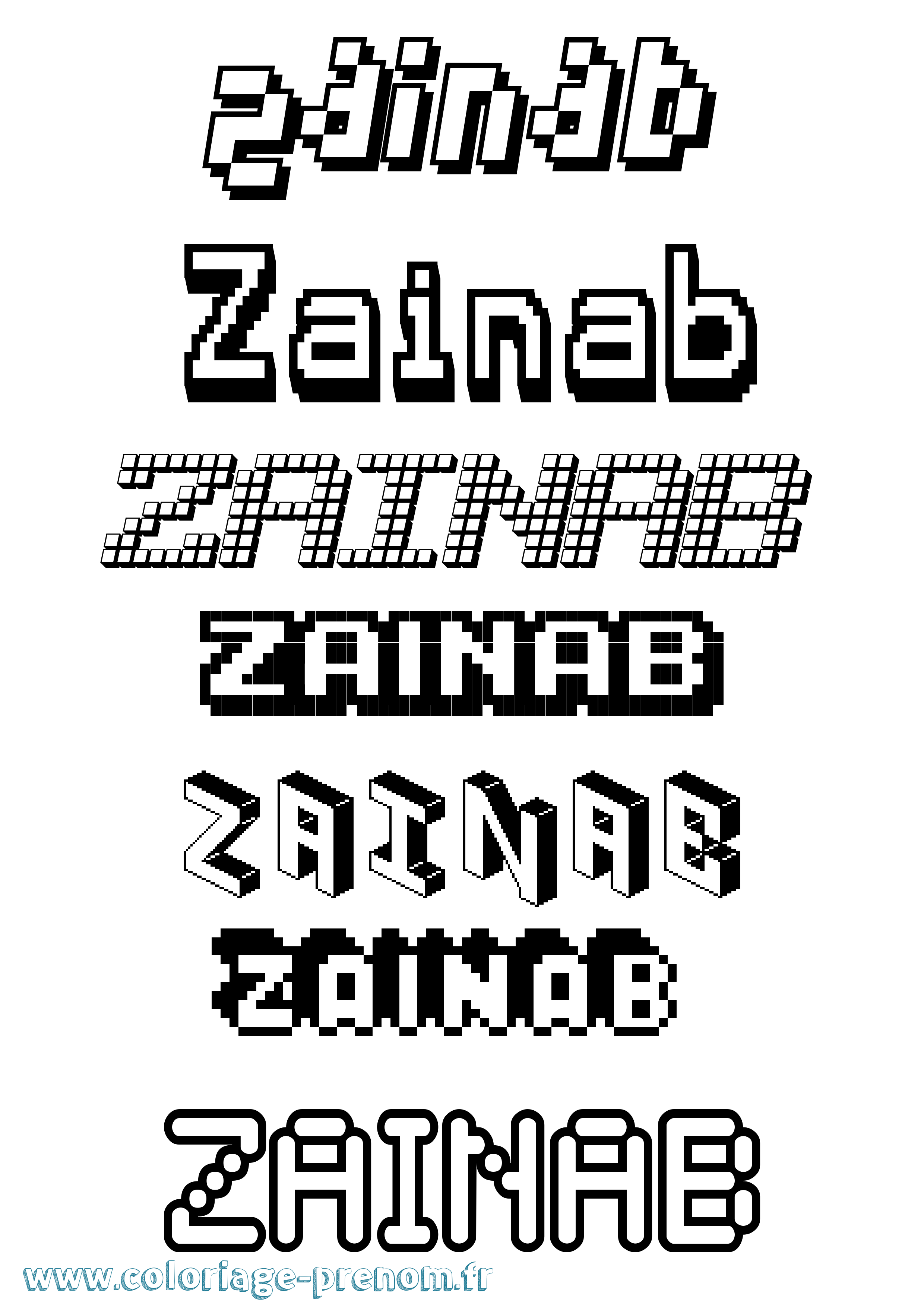 Coloriage prénom Zainab Pixel