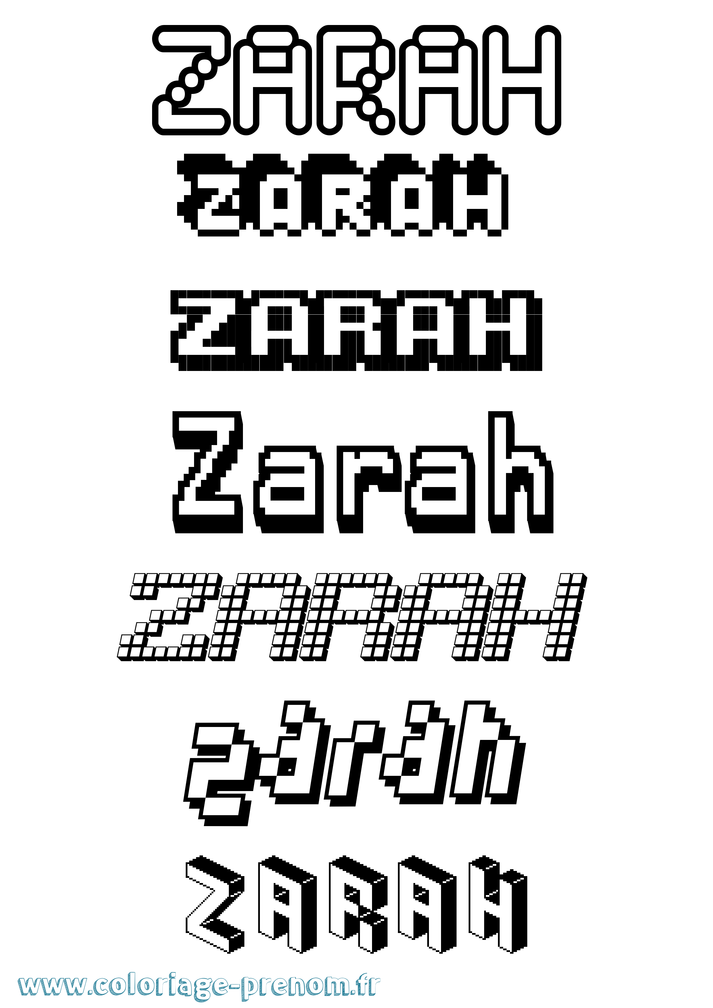Coloriage prénom Zarah Pixel