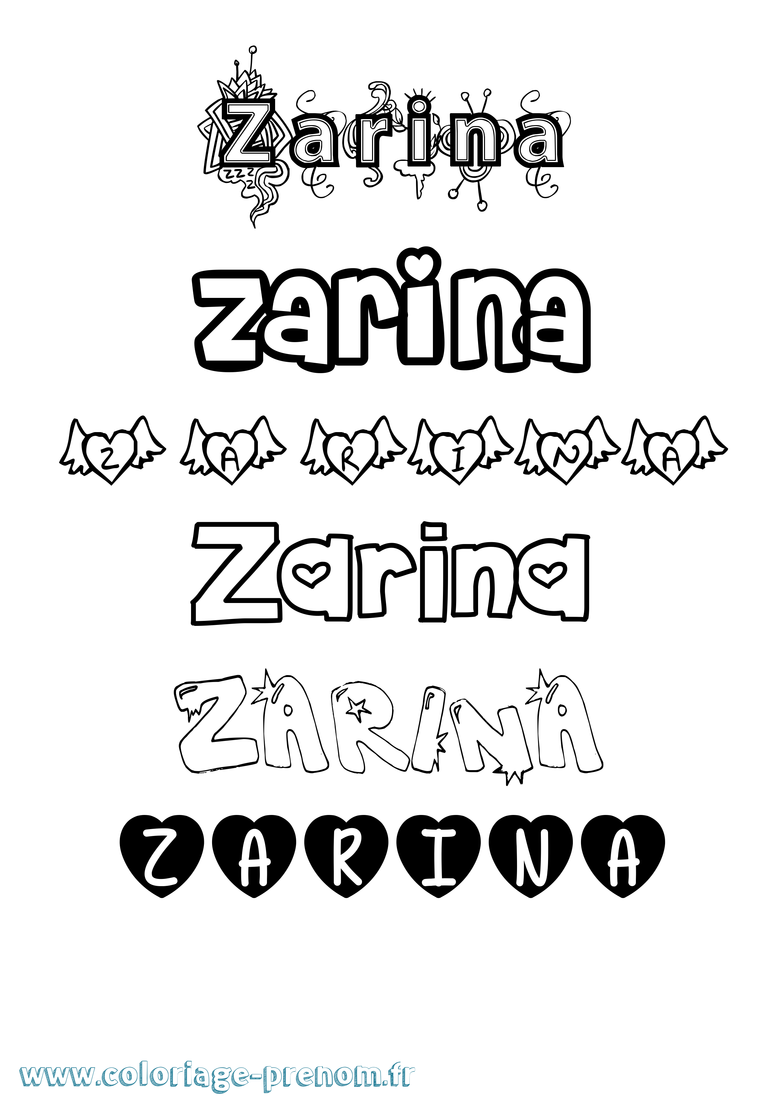 Coloriage prénom Zarina Girly