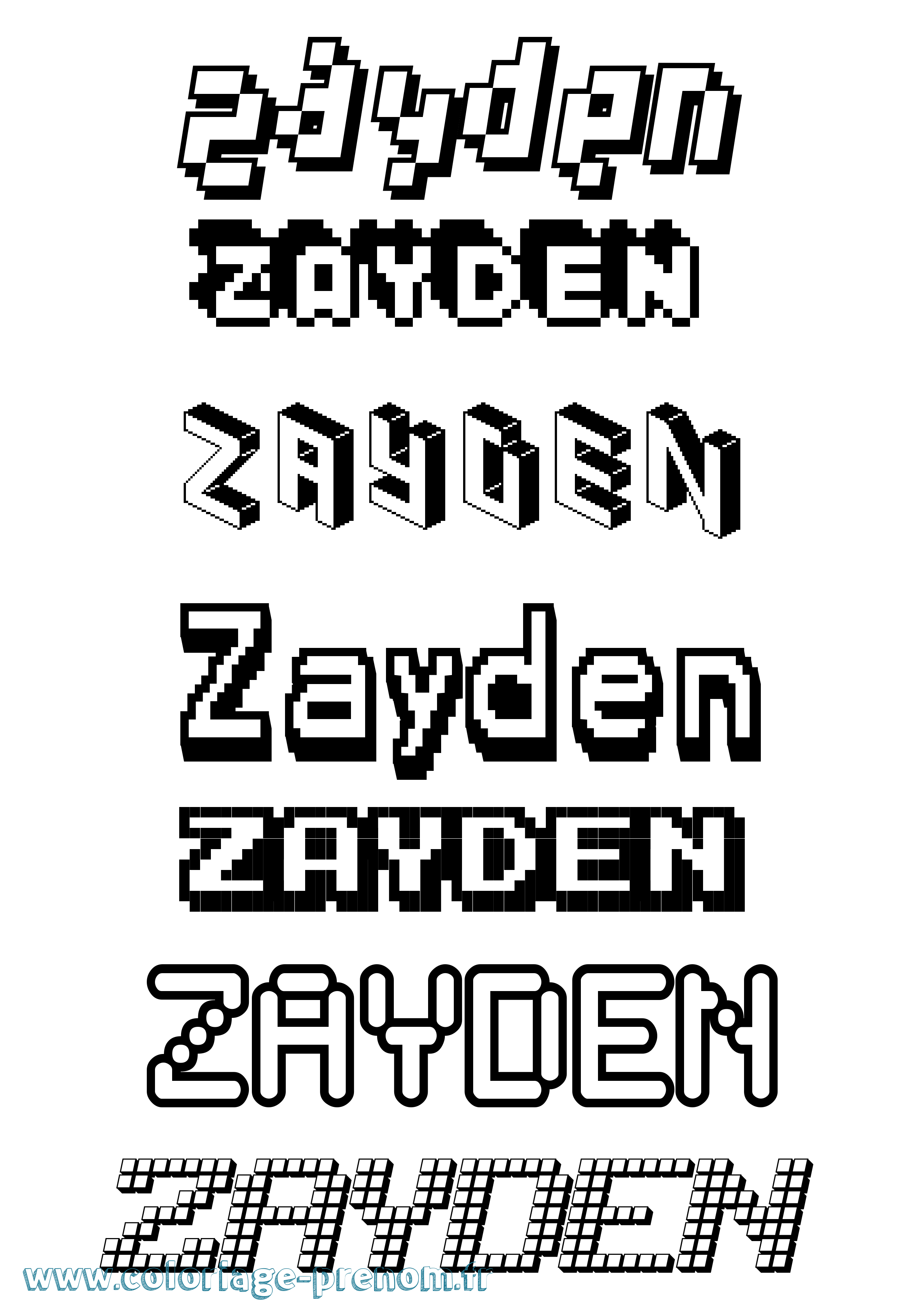 Coloriage prénom Zayden Pixel